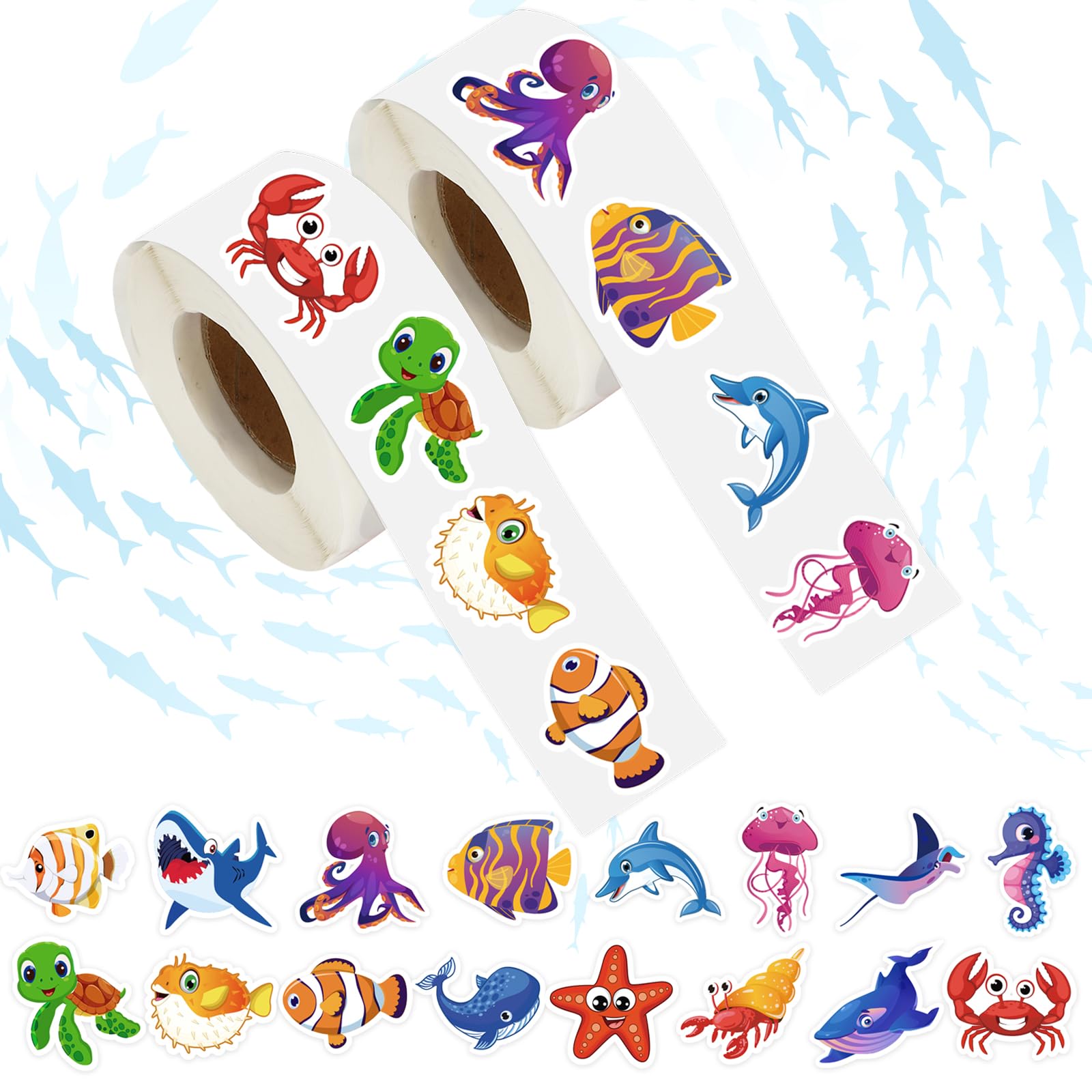 Whaline 1400Pcs Ocean Animal Sticker Under The Sea Sticker 16 Designs Cute Cartoon Fish Adhesive Label Decal for Summer Craft Home Classroom Card