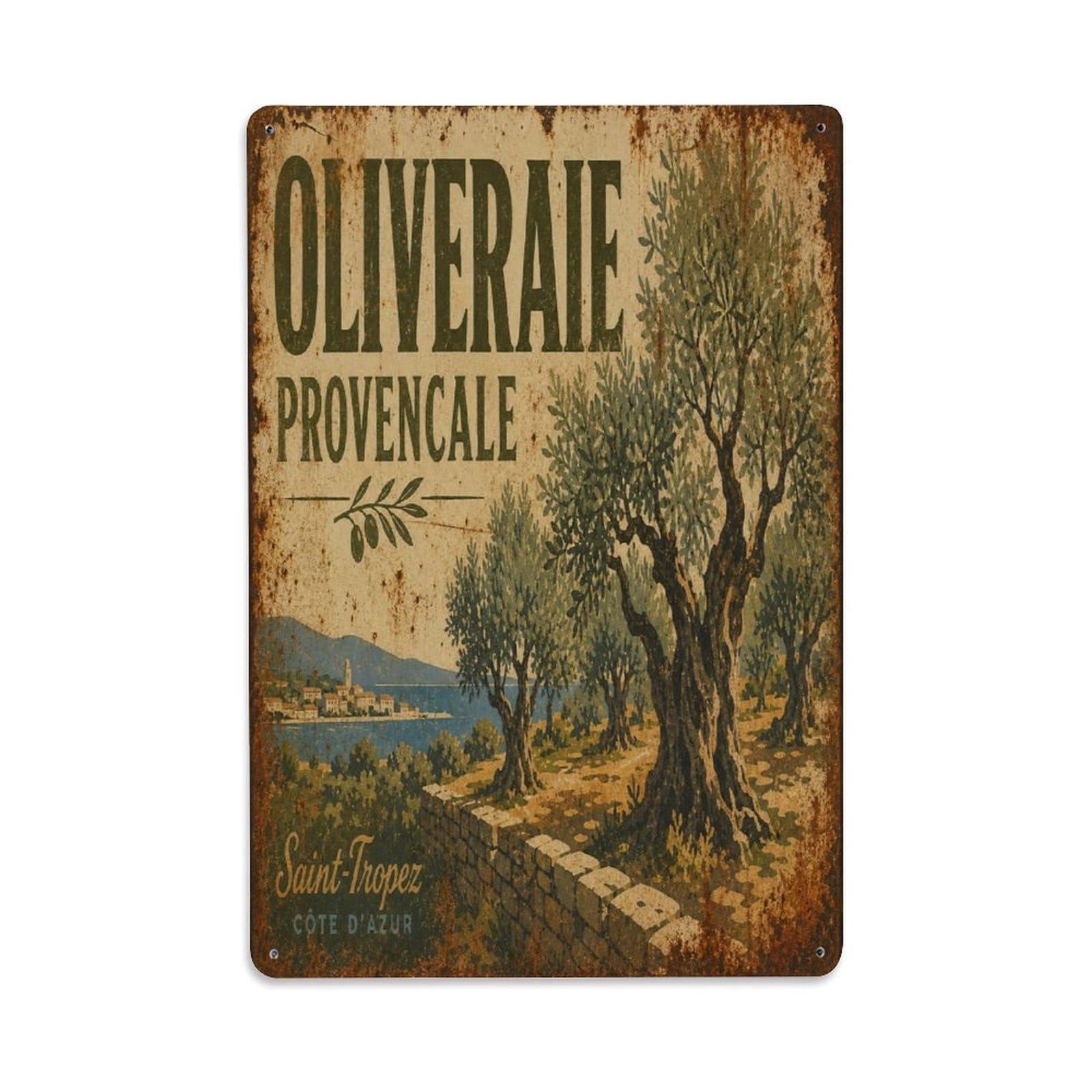 Vintage Provence Botanical Travel French Riviera Metal Tin Sign Plaque Wall Decor for Cafe, Man Cave, Club Bar, Office, Home Garden Round Metal Poster 8x12Inch