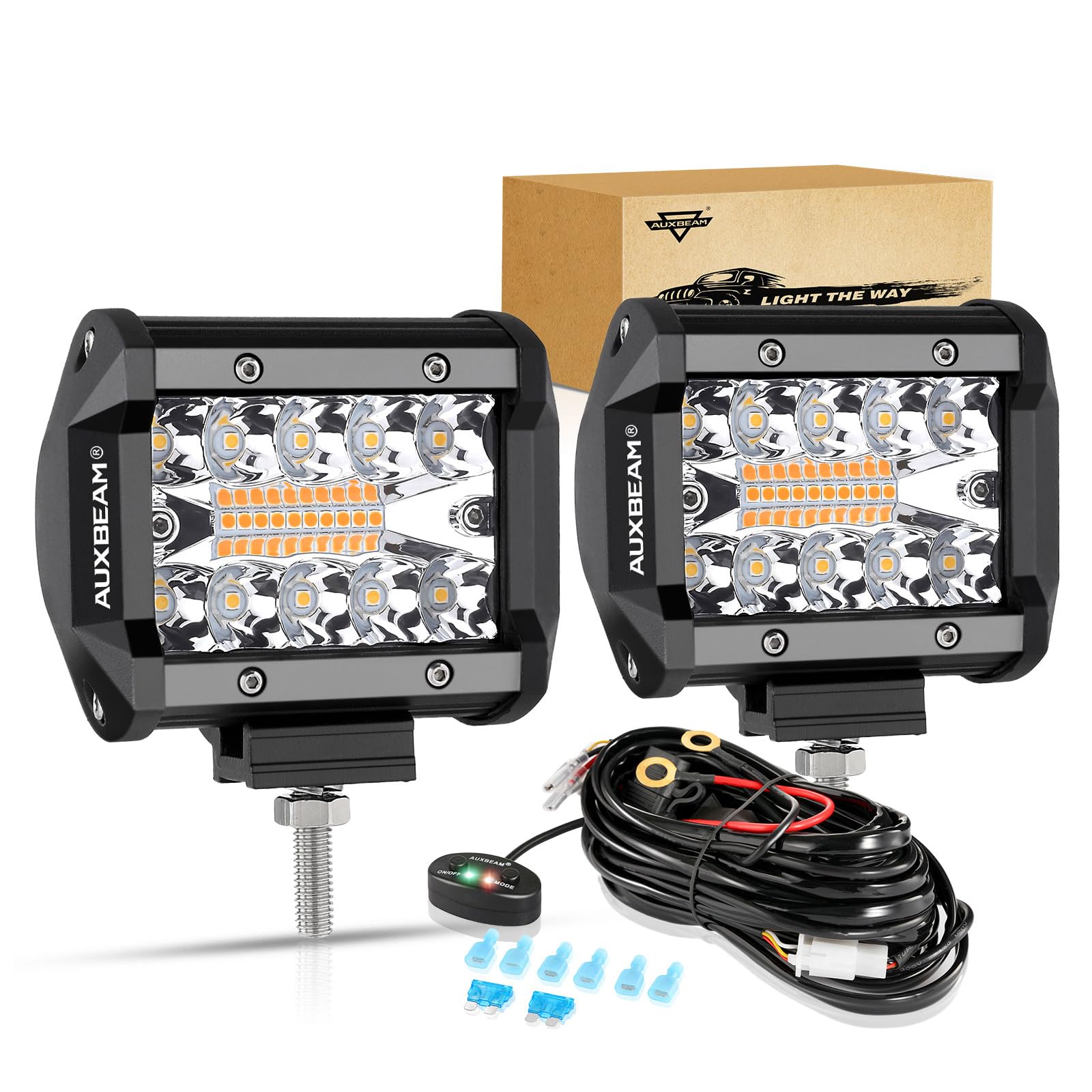 Auxbeam 4 Inch LED Pods 120W Spot LED Pod Light Bar 12000LM LED Driving Fog Light Triple Row Amber White Off Road Lights with 10FT LED Light Bar Wiring Harness Kit-2 Lead for Trucks SUV ATV UTV Jeep