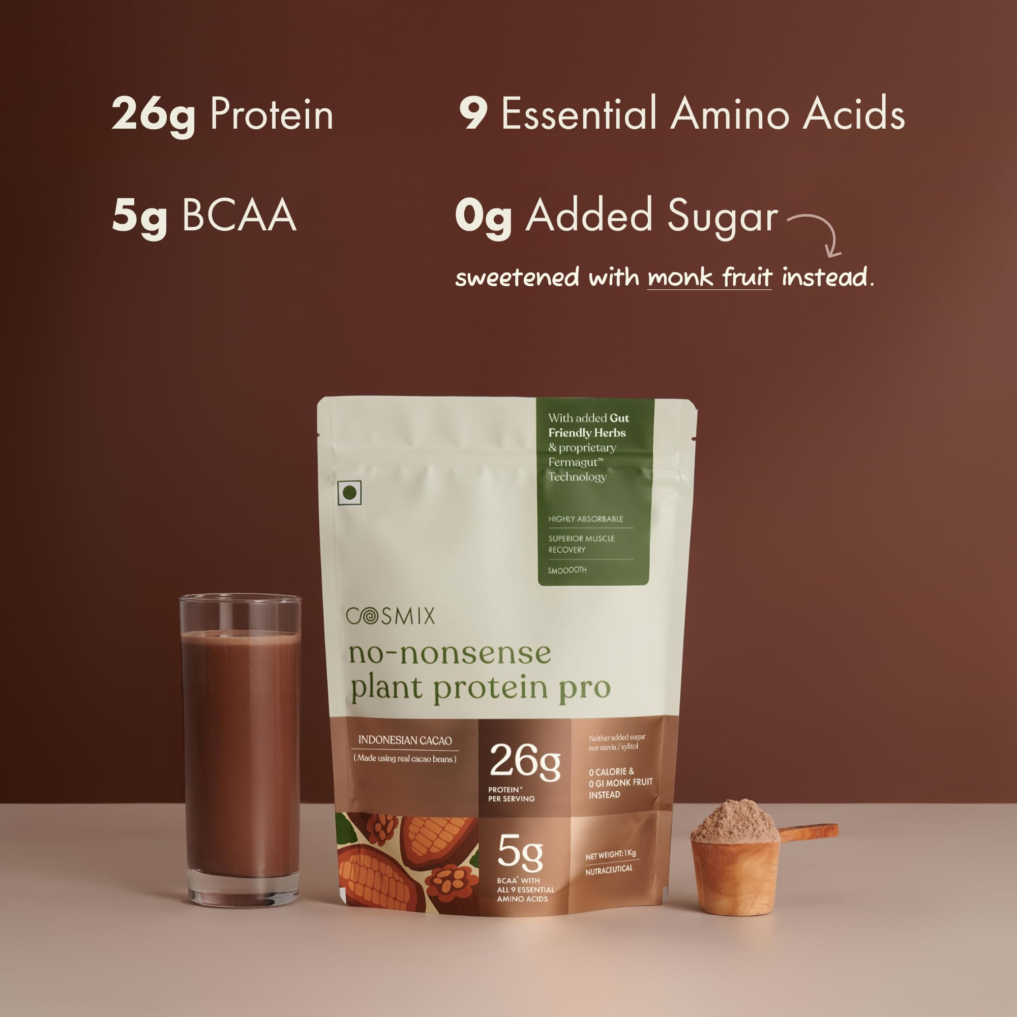 Cosmix No-Nonsense Plant Protein PRO 26g Protein | Yeast Protein & Pea Protein Blend | Indonesian Cacao, 500g Pouch x 1 | Clean, Easy to Digest