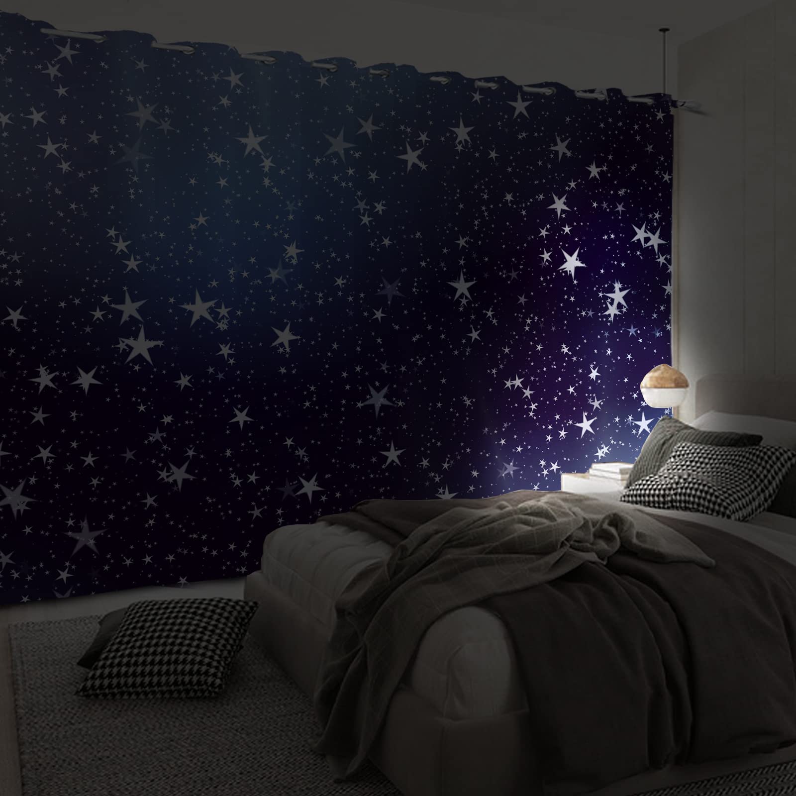 107x215cm Rideau à œillets pour chambre d'enfant Étoile brillante Ciel bleu Pentacle Impression d'art Séparateurs de pièces Rideaux de fenêtre pour Garçons filles Salle de jeux Salon,2 panneau