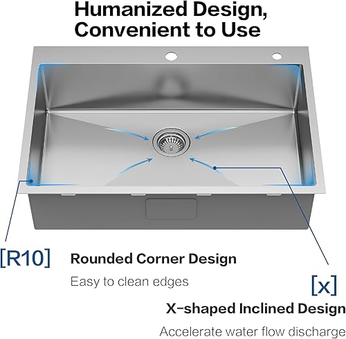 Vista 7 de Fregadero de cocina de acero inoxidable S304 de calibre 16 de 33 x 22 x 10 pulgadas, hecho a mano, moderno, con accesorios y fregaderos de cocina