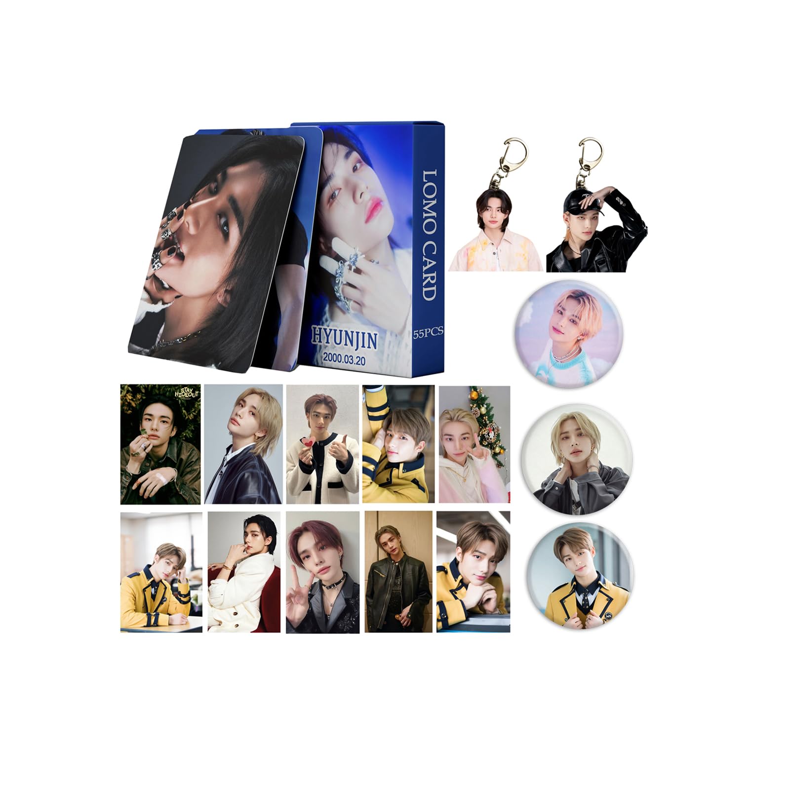 YutoStray Kids Hyun Jin Gift Set, 55 Piece Hyun Jin Postcard + 10 x Stray Kids Stickers + 3 Hyunjin Button Pins + 2 x Hyunjin Kpop Keyrings