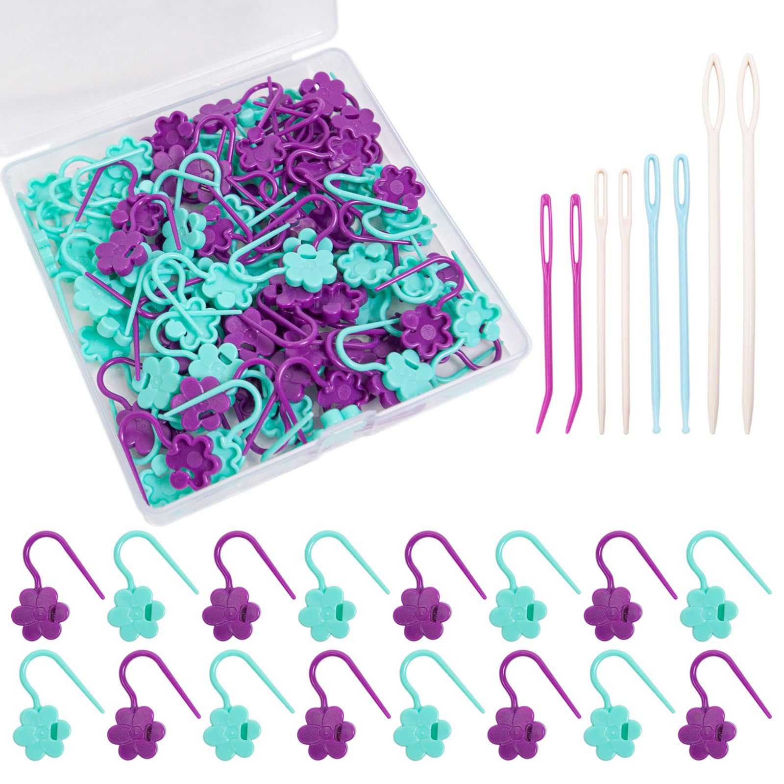 NEWFT 100Pcs Flower Crochet Locking Stitching Marker Clip with 8 Sewing Needle Colored Knitting Markers Clip and Sewing Needle Knitting Locking