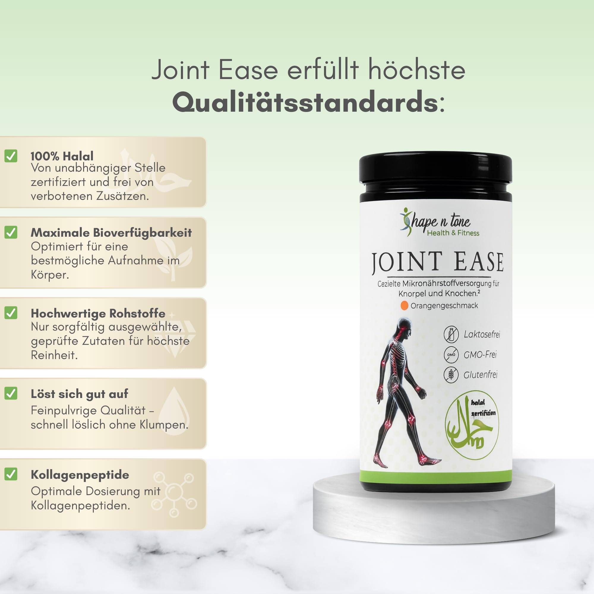 Joint Ease Gelenkpulver 525g | Hochdosierter Gelenk Komplex für Knie, Gelenke & Knorpel | 10,3g Kollagen Peptide, Glucosamin, Chondroitin, MSM, Hyaluronsäure, Kurkuma | Halal | Made in Germany