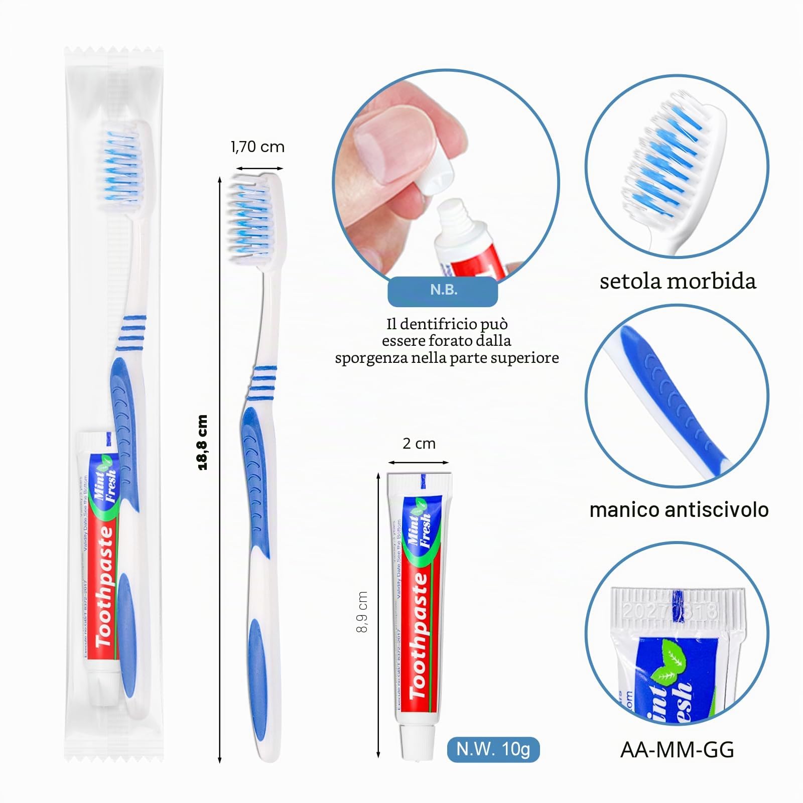Spazzolini da denti usa e getta, 100 set di spazzolini da denti usa e getta con dentifricio da 10 g confezionato singolarmente per senzatetto, casa, hotel, beneficenza, viaggi