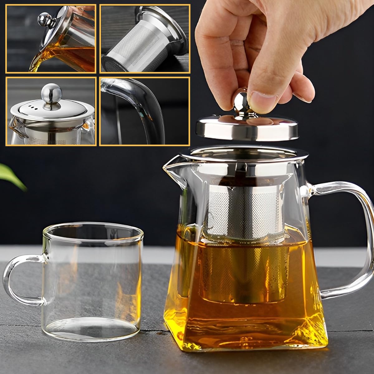LiRiQi Teiera in Vetro 950ml Con Filtro Infusore Removibile - Resistente al Calore, Perfetta per Tè, Caffè e Tisane, Compatibile Con Fornelli