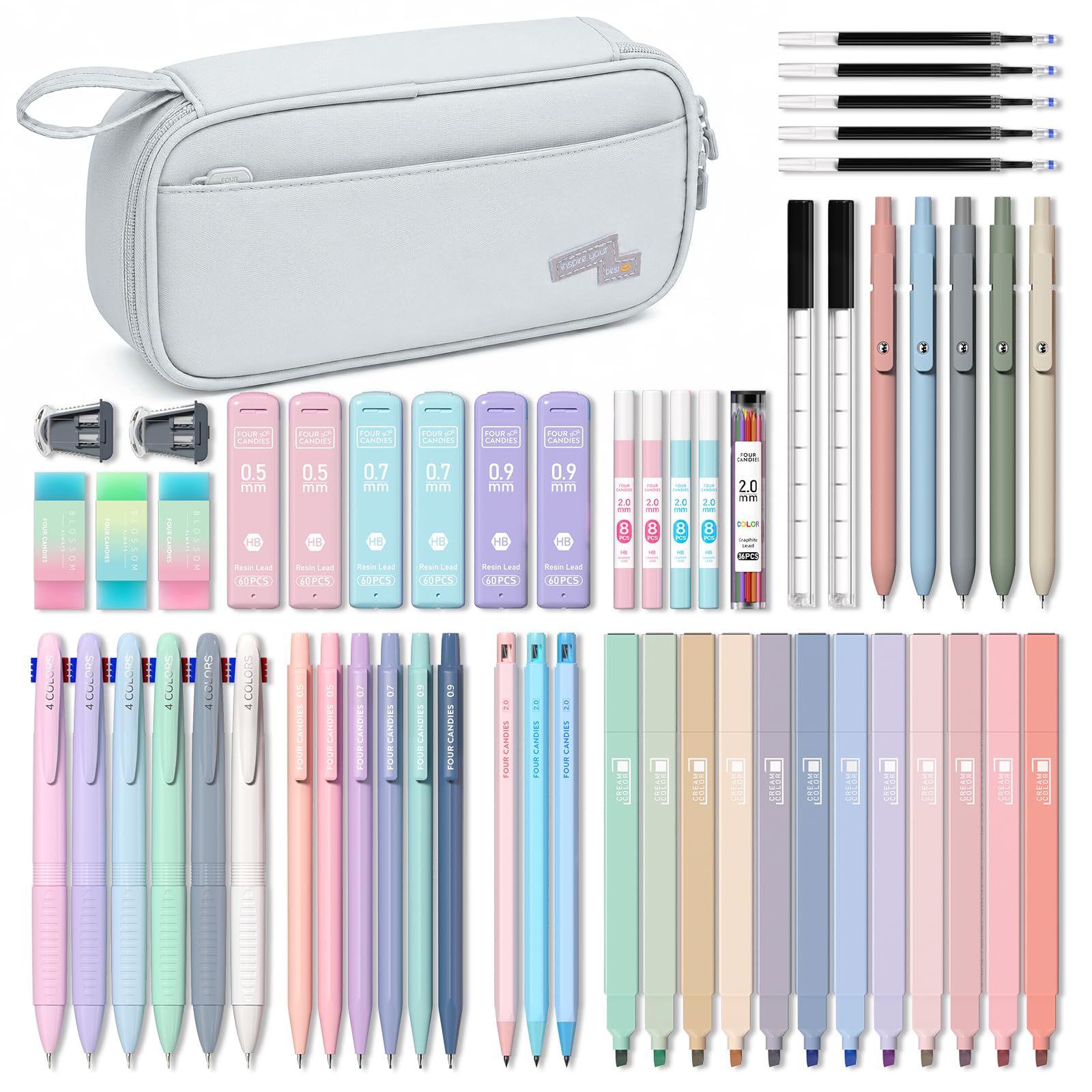 Four Candies 56 PCS Aesthetic School Supplies with Pencil Case Grey — image 1