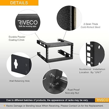 RIVECO 4U 19 Wall Mount Network Rack 17.7 Deep 2 Post Open Frame Cabinet Easy Assembly Firm Constructed Shelf for Internet/Server/AV/Home Equipment/Patch Panel Heavy Duty Light Weight,Black
