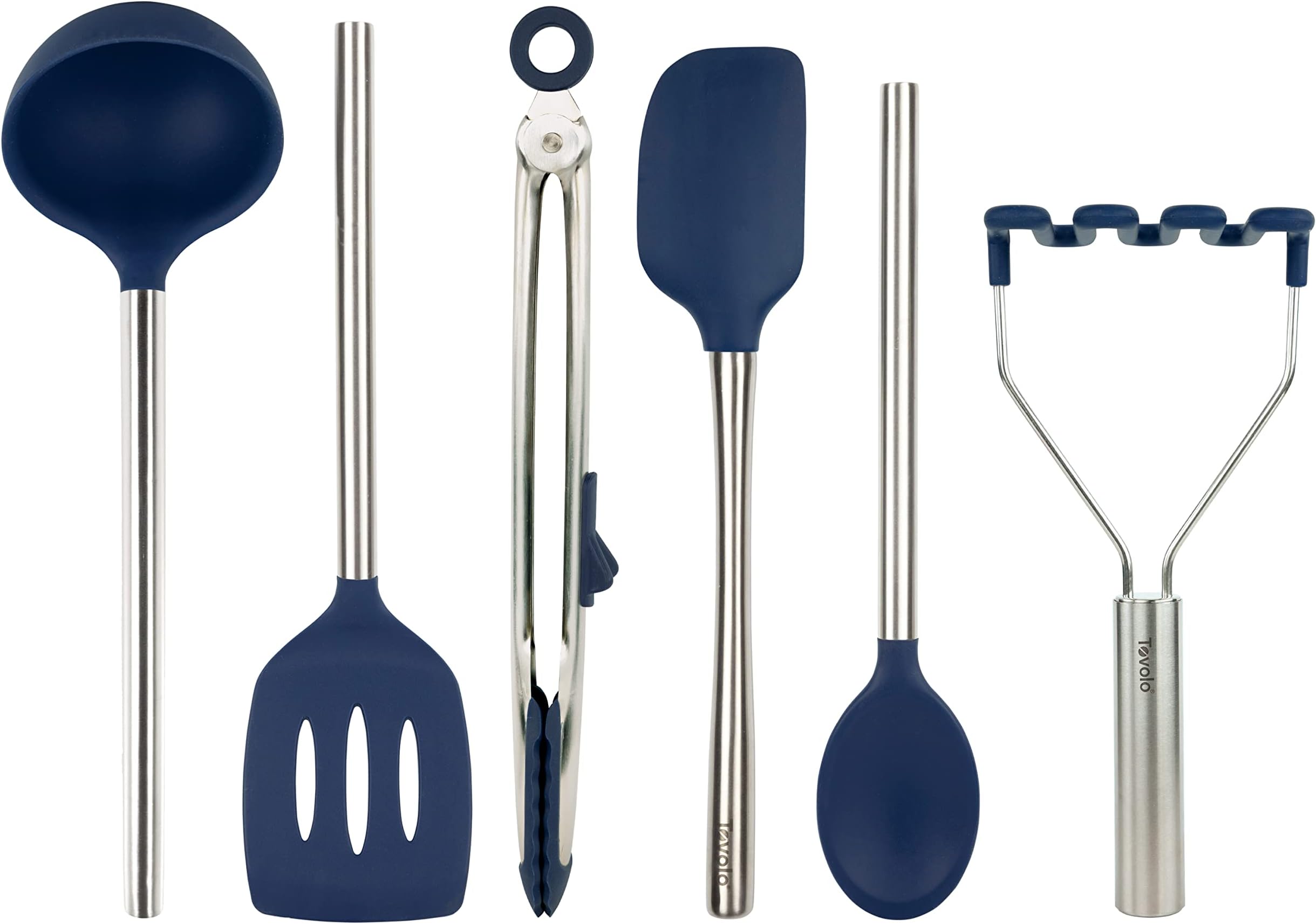 Silicone Cooking Utensil Set of 6 Stainless Steel Handle Ladle Slotted Turner Tongs Flex Core Spatula Scraper Mixing Spoon & Potato Masher, Dishwasher Safe BPA Free Utensils, Deep Indigo