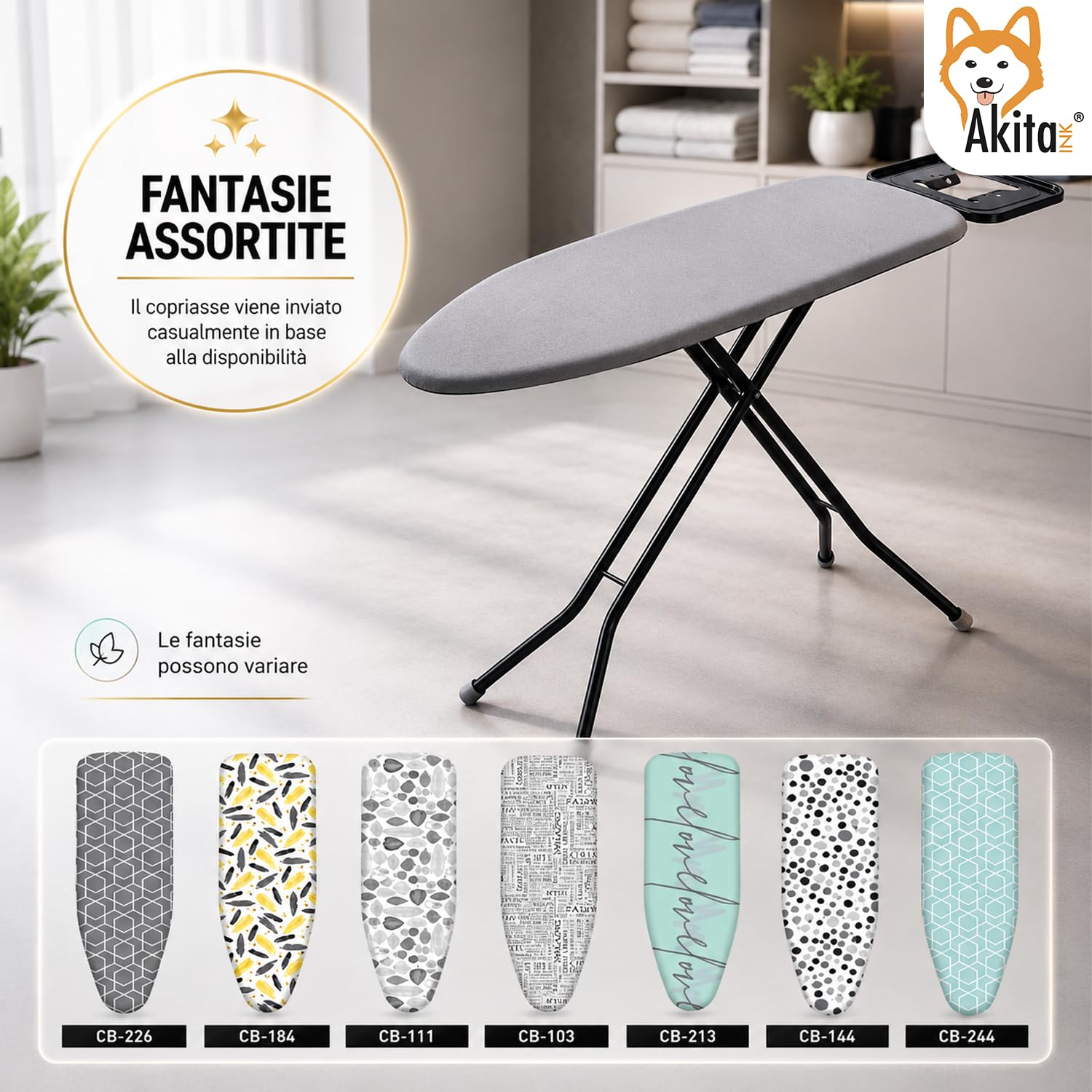 AKITAInk Asse da Stiro BRAVA 33x110 cm in Acciaio, Asse Pieghevole Regolabile con Poggiaferro, Piedi Antiscivolo e Rivestimento 100% Cotone