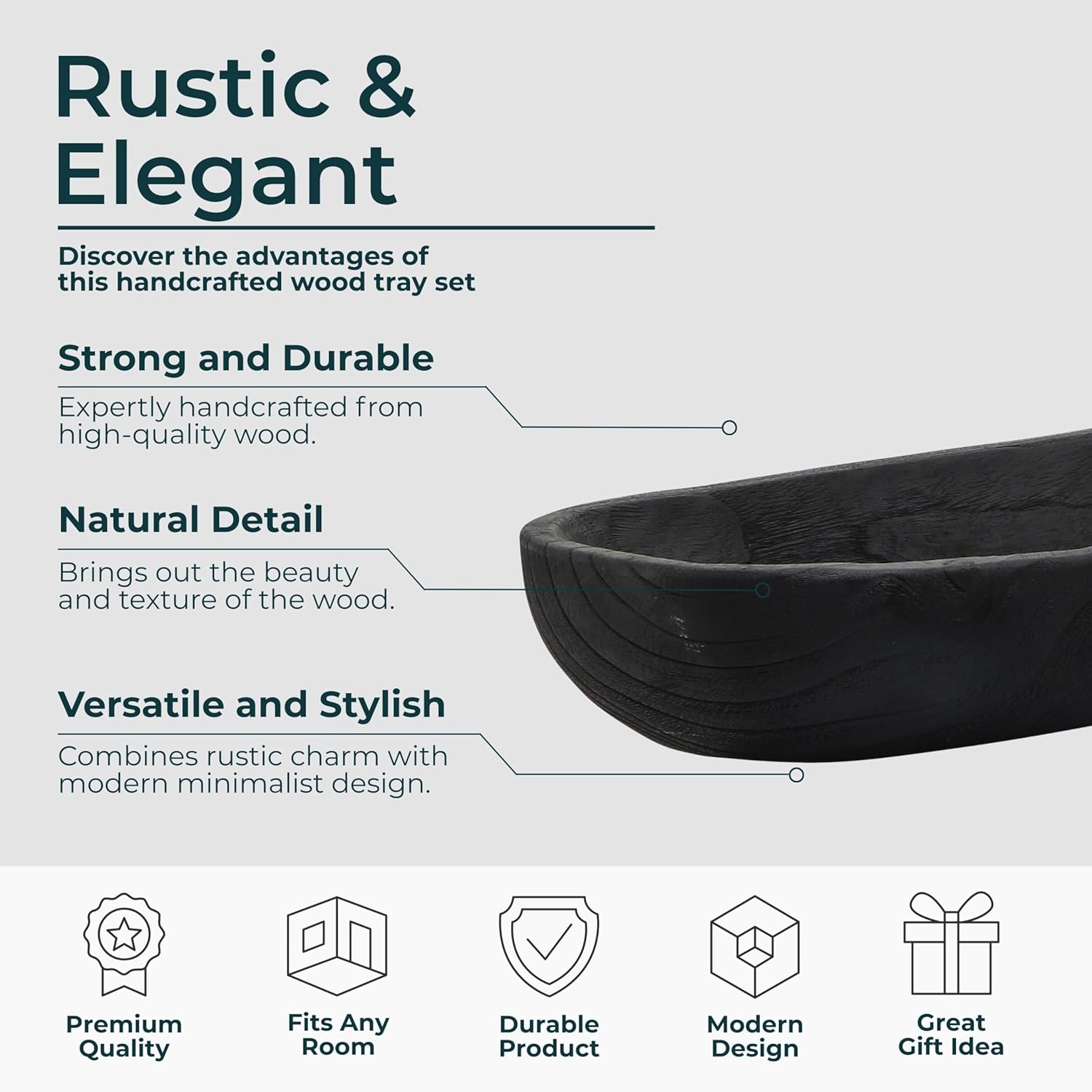 Wooden Decorative Bowls – Accent Bowl Decor for Table or Shelf, Living Room and Bedroom, Boho Home Decor Statement with Sculpted Oval Trays – 24" and 18" Elongated Bowls, Black Finish