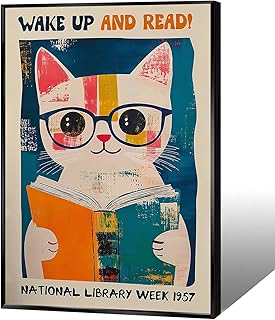 Cute Cat With Glasses Reading Canvas Wall Art 1957 National Library Week Posters Vintage Funny Animal Aesthetic Prints Painting For Home Bedroom Dorm Apartment Wall Decor 12x16in Unframed