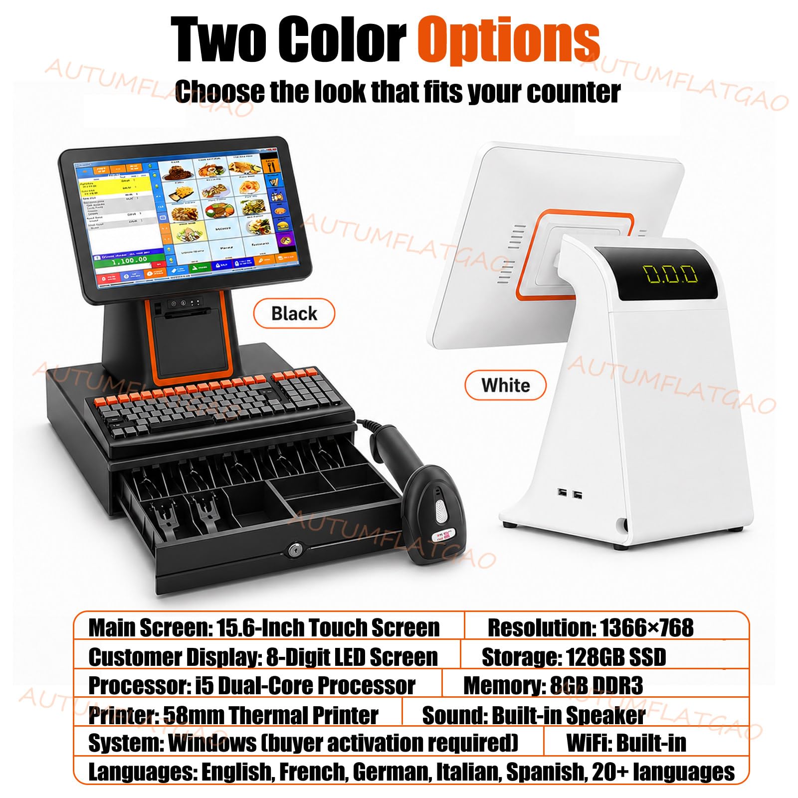 Registratore di Cassa Touch Screen per Negozi, Ristoranti E Bar, Pos Cassa con Stampante Integrata, Cassetto Portadenaro, Scanner Barcode, Display Cliente E Schermo da 15,6" White