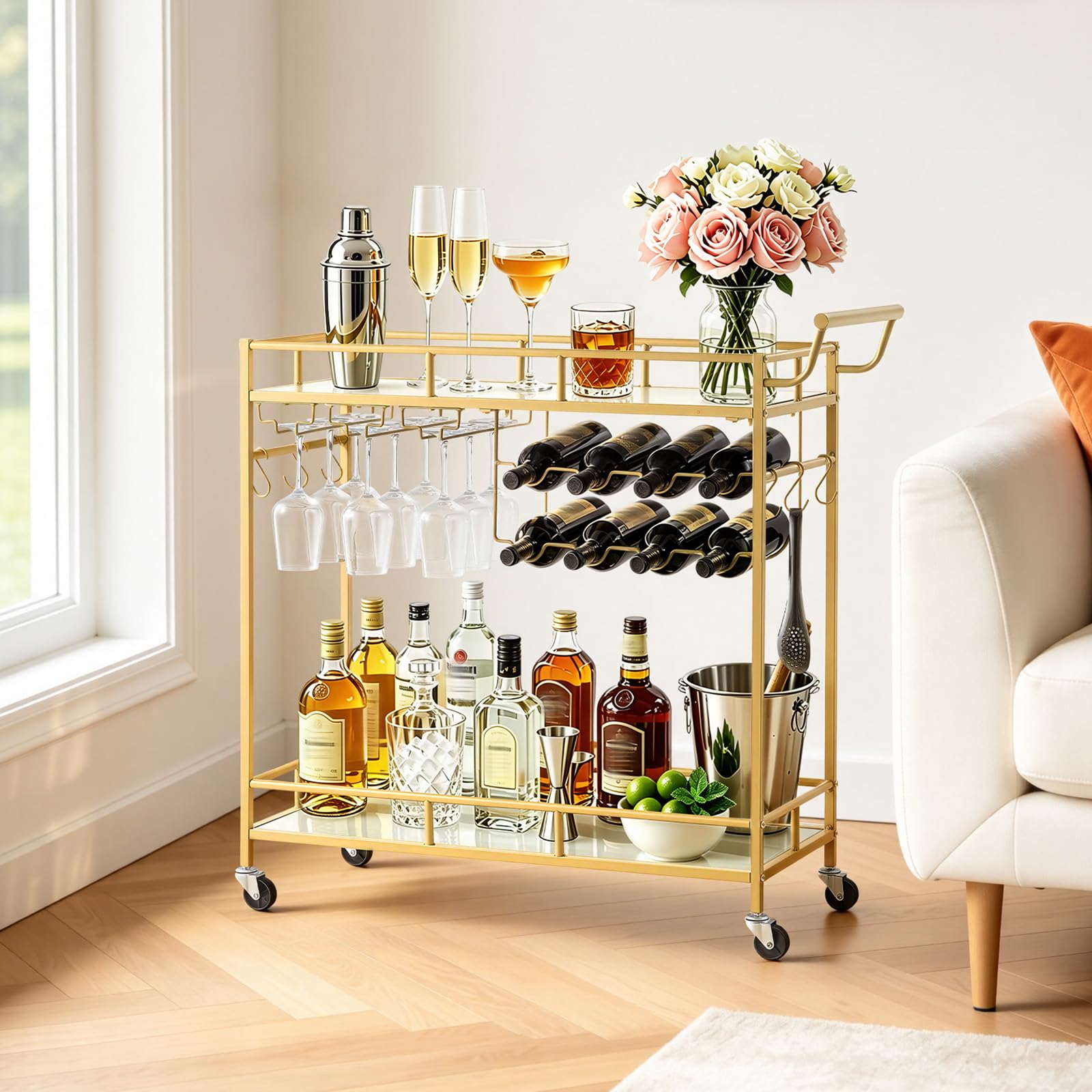 VEVOR Carro de Bebidas con Botellero de 2 Niveles, Carrito de Servicio con Ruedas y Asa, Estantes de Vidrio Espejado, Soporte para Copas, para Sala de Estar, Comedor, Cocina, 88x35x89 cm, Dorado