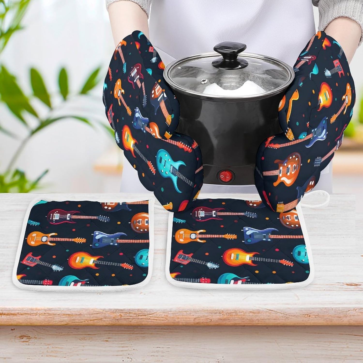 Music Pattern Guitar 4 Pcs Oven Mitts and Pot Holders Set High Heat Resistant Long Kitchen Oven Glove Potholders