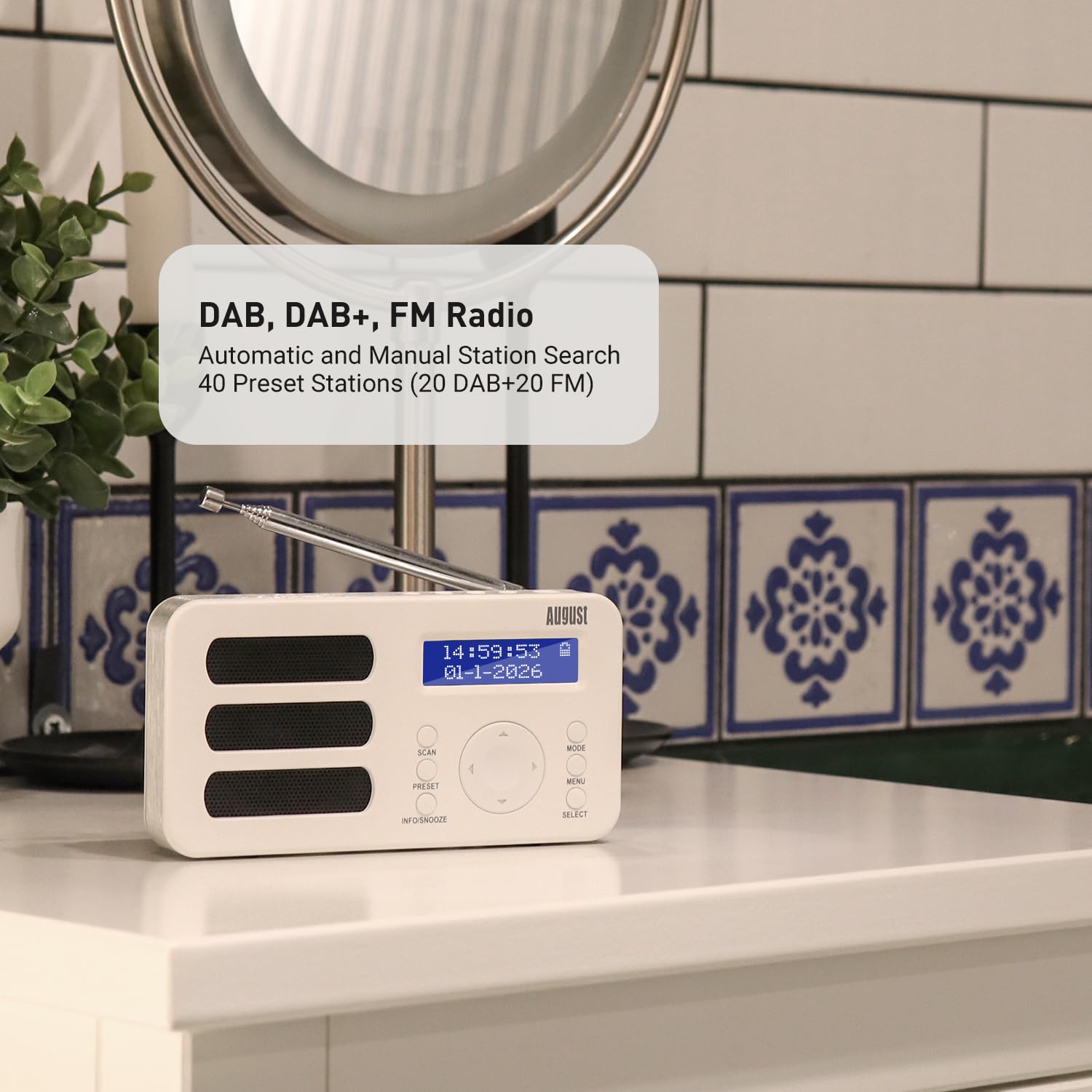 August MB225 - Przenośne radio cyfrowe - DAB/DAB + / FM - funkcja RDS, możliwość zaprogramowania 40 stacji, przenośne radio stereo/mono, podwójny alarm, akumulator, gniazdo słuchawkowe (białe)