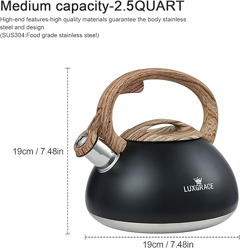 Miniatura 5 de Tetera Whistling de acero inoxidable, tetera para estufa de inducción, tetera de agua de ebullición rápida, 2.2 cuartos de galón (negro)