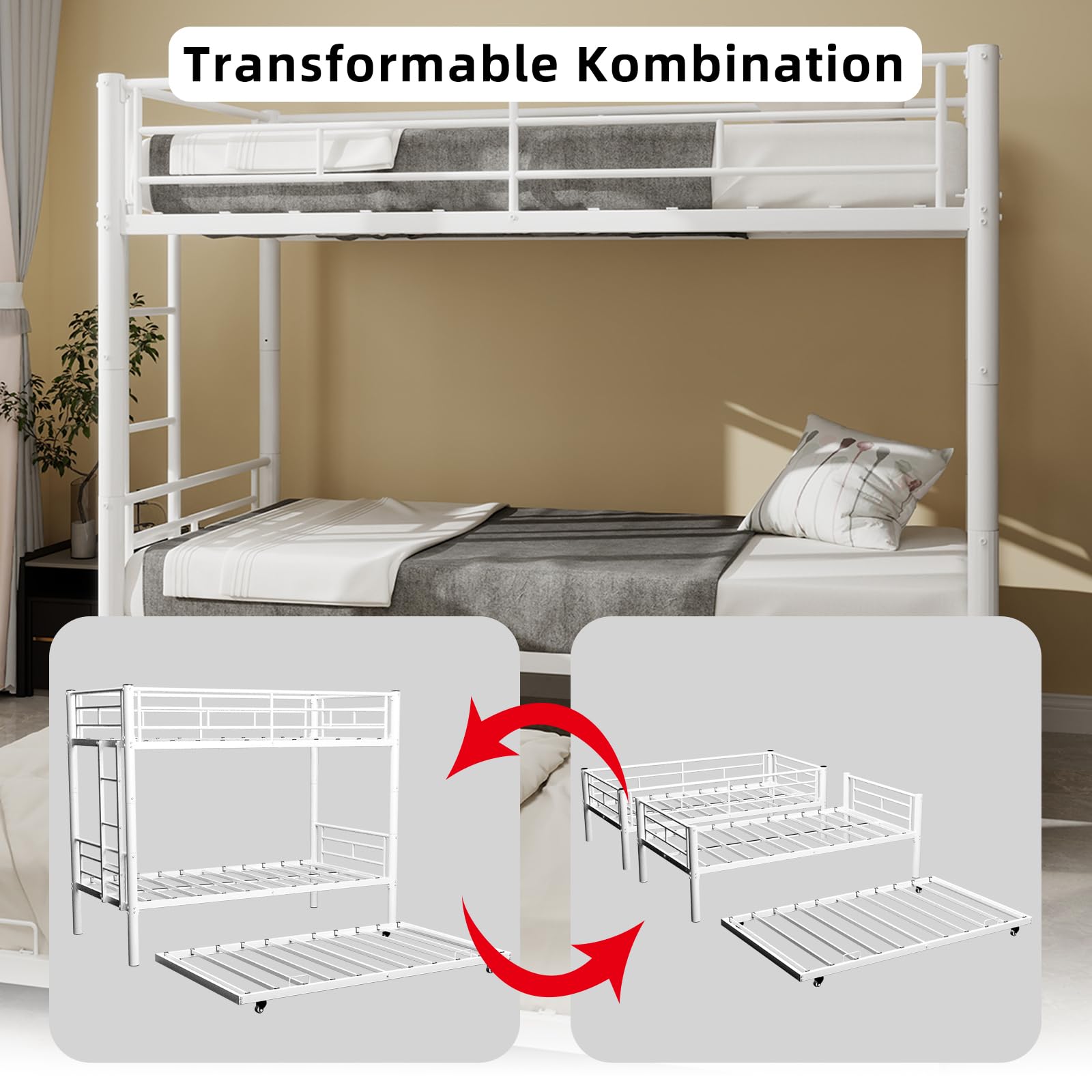 Lubvtti Letto a castello per bambini in metallo con letto estraibile,trasformabili in due letto singolo, letto per bambini 90x190 cm con scaletta e ringhiera (A-Bianco)
