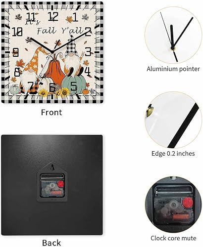 Miniatura 4 de Thanksgiving Gnomes Wooden Wall Clock Silent Non Ticking, Fall Pumpkins Black Plaid Square Wall Clock Battery Operated, Decor Clock for Home Office,