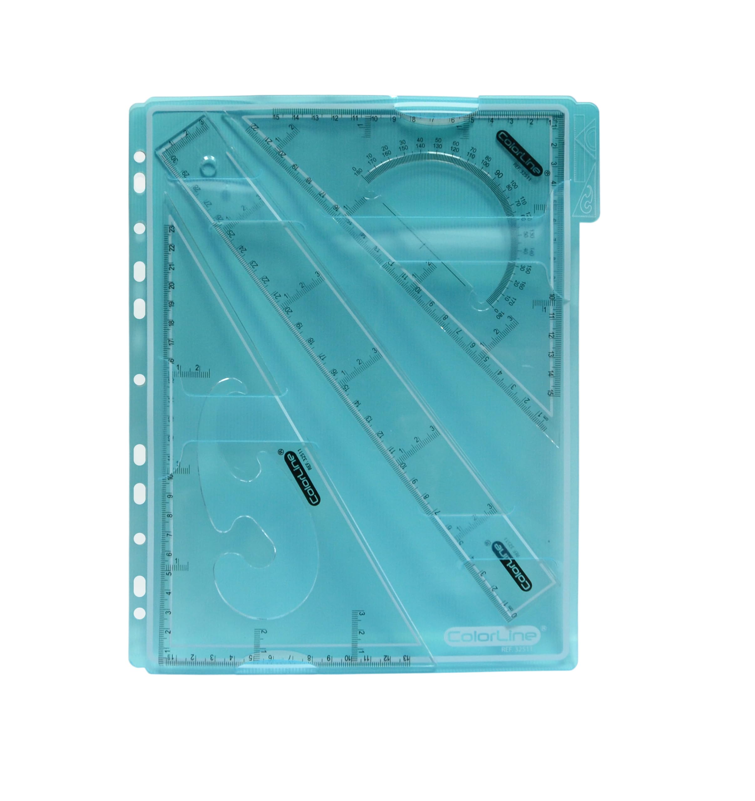 Completo Set de Geometría con 2 Escuadras con Curvas y Cartabón y Regla de 30 cm en Funda Para Archivar en Carpeta de Anillas (Azul Claro)