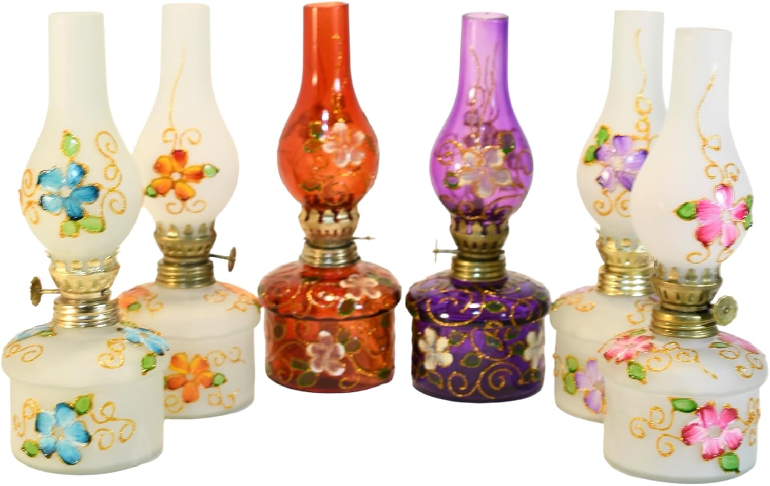 Hand Blown Glass Oil Lamp Orange Flowers Hand Painted Opaque Finish 9" Tall (Orange Flowers)