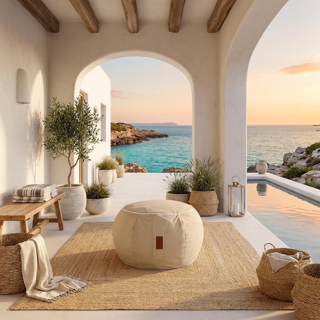 Aiire Puff Exterior Jardín en Olefina - Reposapies Puf con Relleno Incluido XXL de Diseño para Jardín,Terraza o Piscina - Reposa Pies Bean Bag Moderno - Taburete Sofa Beige [45x30]