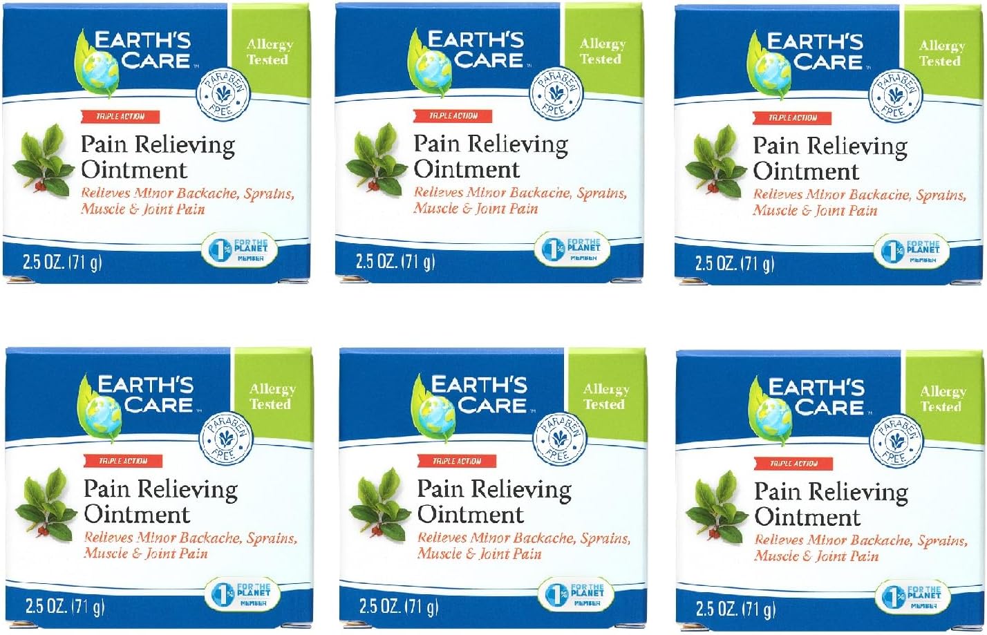 Earth's Care Triple Action Ointment, No Parabens, Colors or Fragrances, Allergy-Tested 2.5 OZ. (6 Jars)