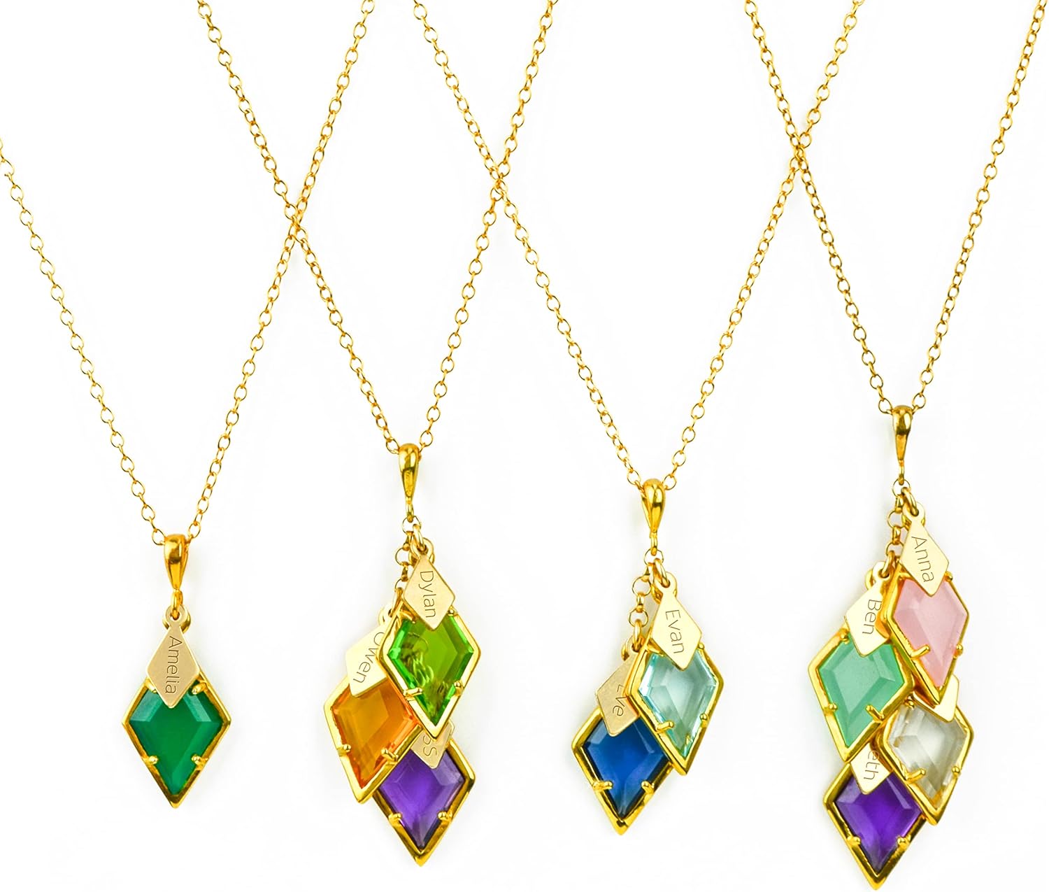 Custom Necklace with Kids names and birthstones, Half Bezel Prong Birthstone Gold Cascade Style Necklace with DIAMOND Name Tags, nana gift, grandma necklace