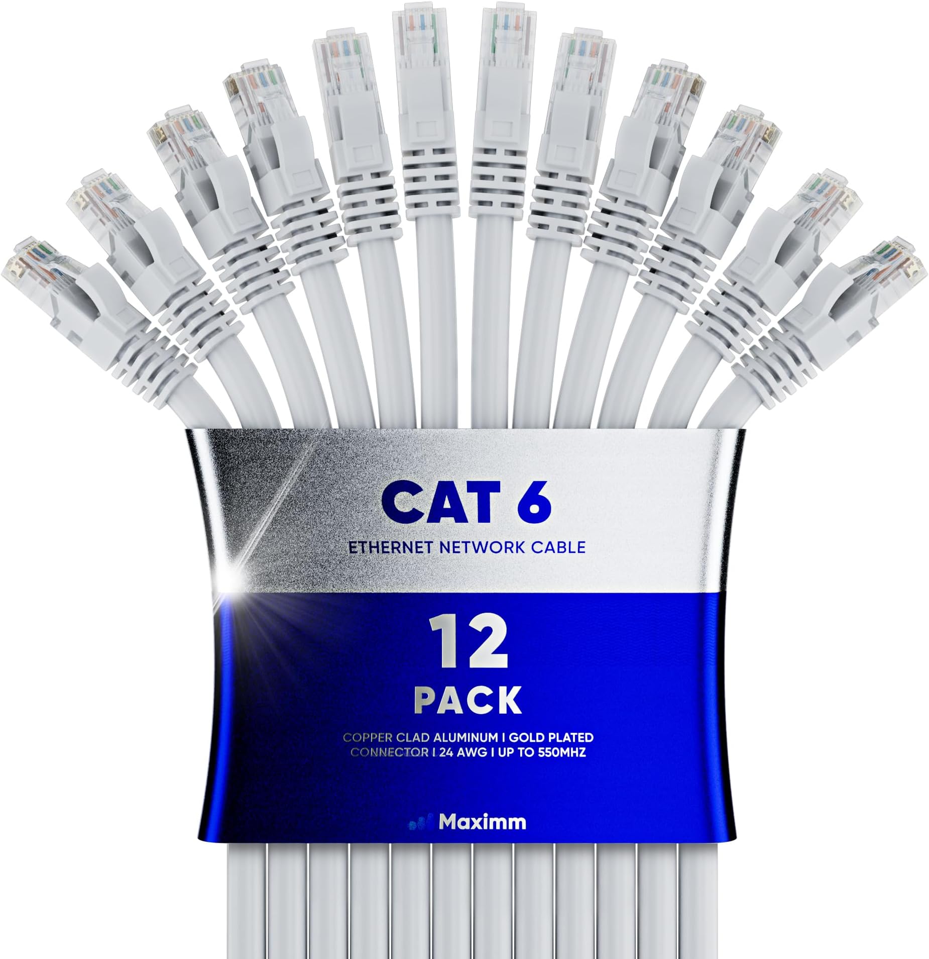 Maximm Cat 6 Ethernet Cable 15 Ft, (12-Pack) Cat6 Cable, LAN Cable, Internet Cable, Patch Cable and Network Cable - UTP (White) 15 Feet ethernet Cord