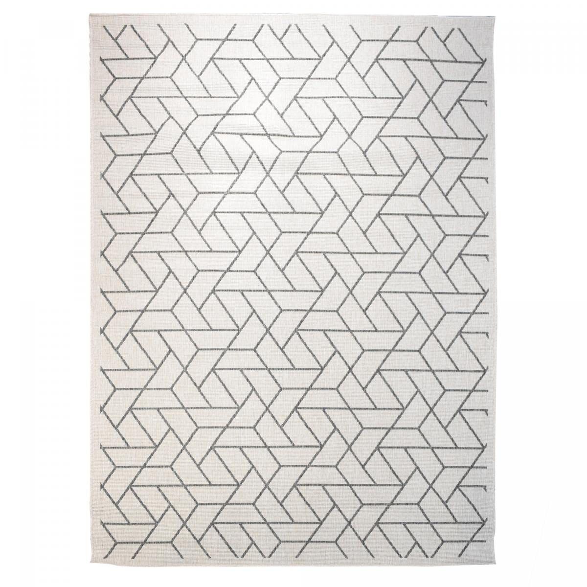 UnAmourDeTapis Tapis Exterieur, 120 X 170 Cm, Motif Géométrique Graphique, Argent, Écru, Tissage Kilim Réversible, Fabriqué en Belgique, pour Terrasse Jardin, 6366
