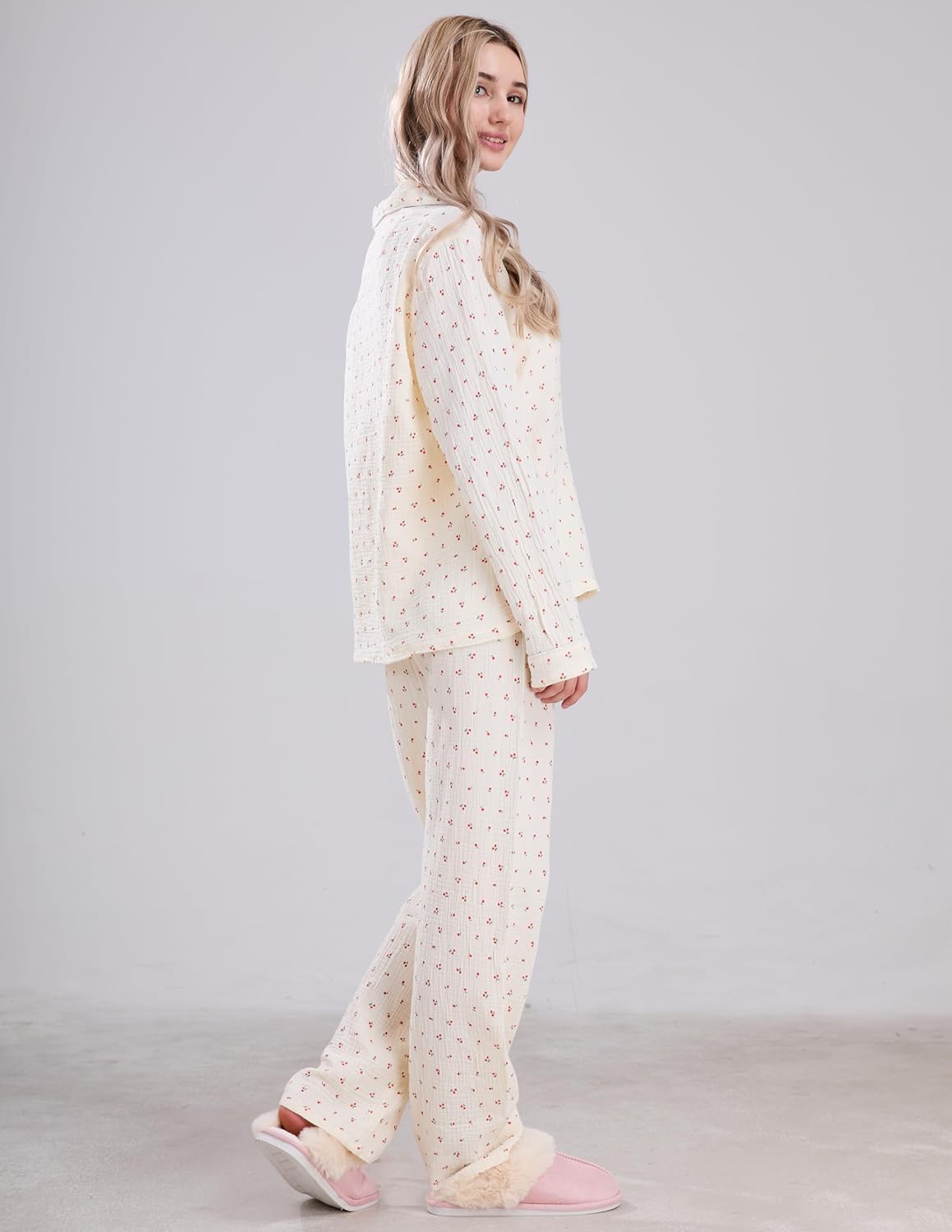 Womens Cotton Gauze Pajama Set Long Sleeve Button Up Shirt and Pants 2 Piece Cute Printed Pj Set - Image 6