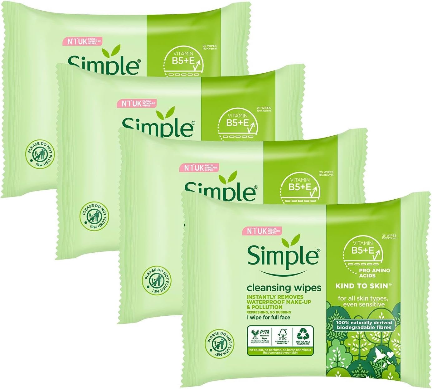 Sensitive Skin Experts Kind To Skin Cleansing Facial Wipes, Waterproof Mascara Remover, Even Softer, 25 Count, (4 Pack)