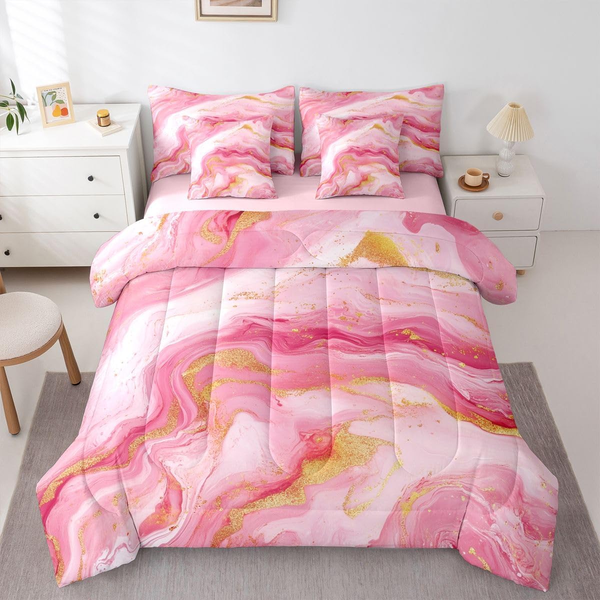 Feelyou Pink Marble Comforter Set Full SizeModern Marble Aesthetic 7 Pcs Bedding for Kids and AdultsAbstract Boys Girls Bed in a Bag Bed Sheet Sets with Fitted Sheet Pillowcases for Bedroom Bed Decor