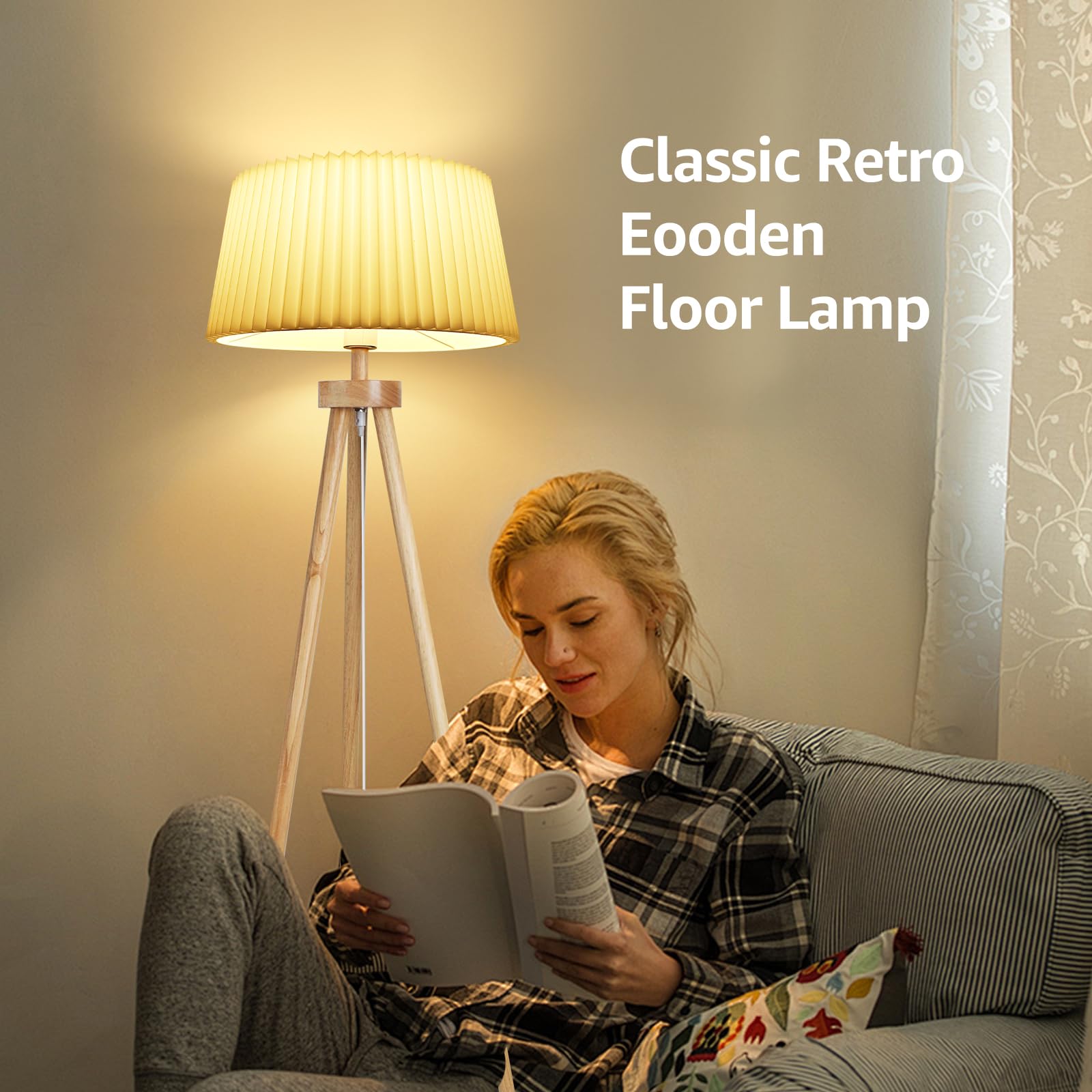 Aigostar Lampara de Pie Salon de Madera Trípode, Lampara Pie Retro con Plisada Pantalla Blanca de Lino e Interruptor de Pie, Compatible con Bombillas E27(Max.60W), Madera Maciza, Estilo Nórdico