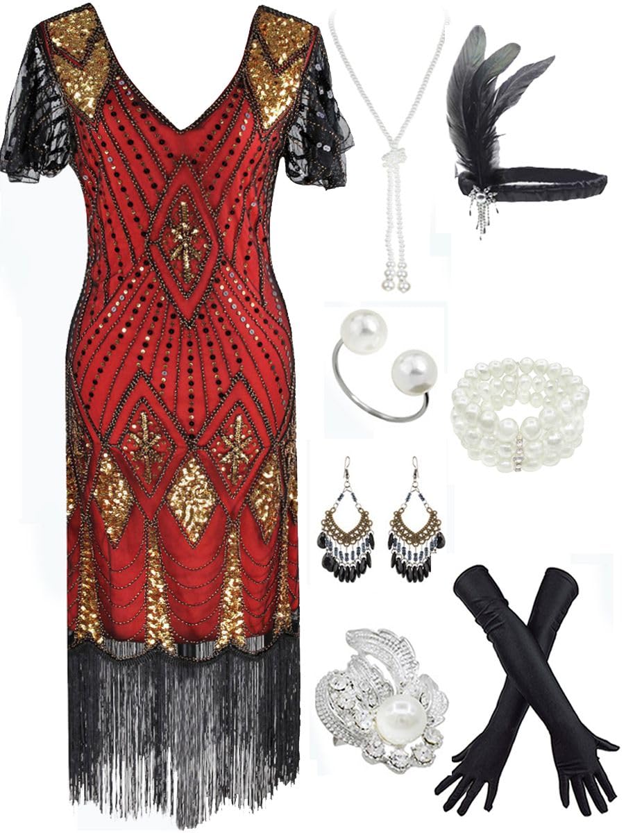 Fancy Clothing Women's 1920s Gatsby Inspired Sequin Beads Long Fringe Flapper Dress w/Accessories Set