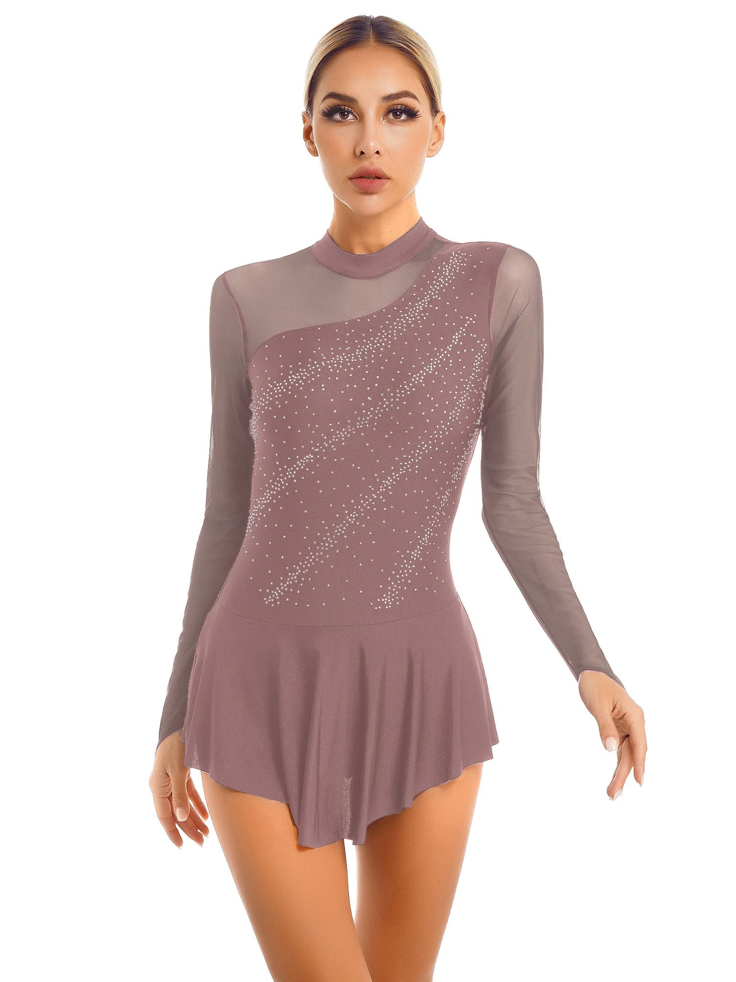 TiaoBug Eiskunstlauf Kleid Damen - Langarm Mit Strass & Asymmetrischem Design