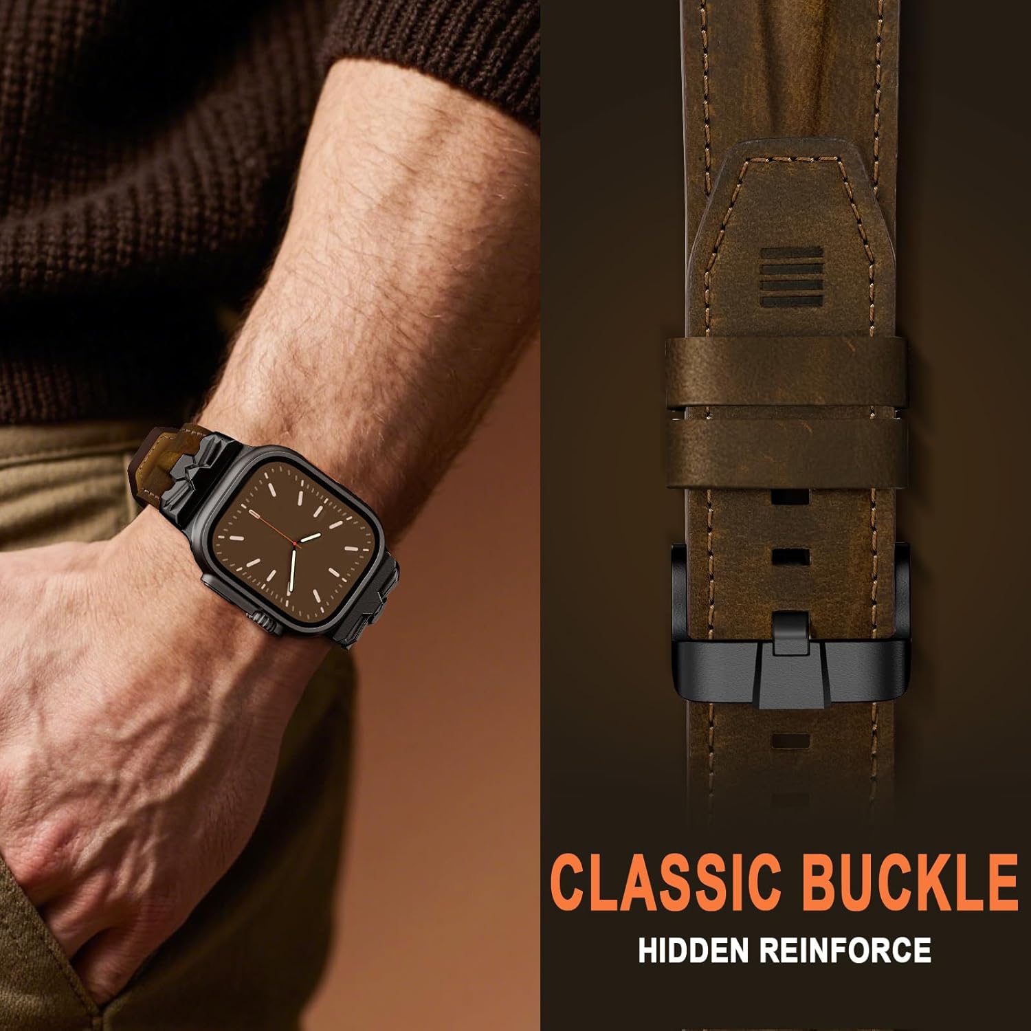 DABAOZA Leather Band Compatible for Apple Watch Ultra 3 Band 49mm 46mm 45mm 44mm for Men Women, Premium Leather Rugged Matel Replacement Strap for iWatch Ultra 2 SE Series 11 10 9 8 7 6 5 4 - Image 5