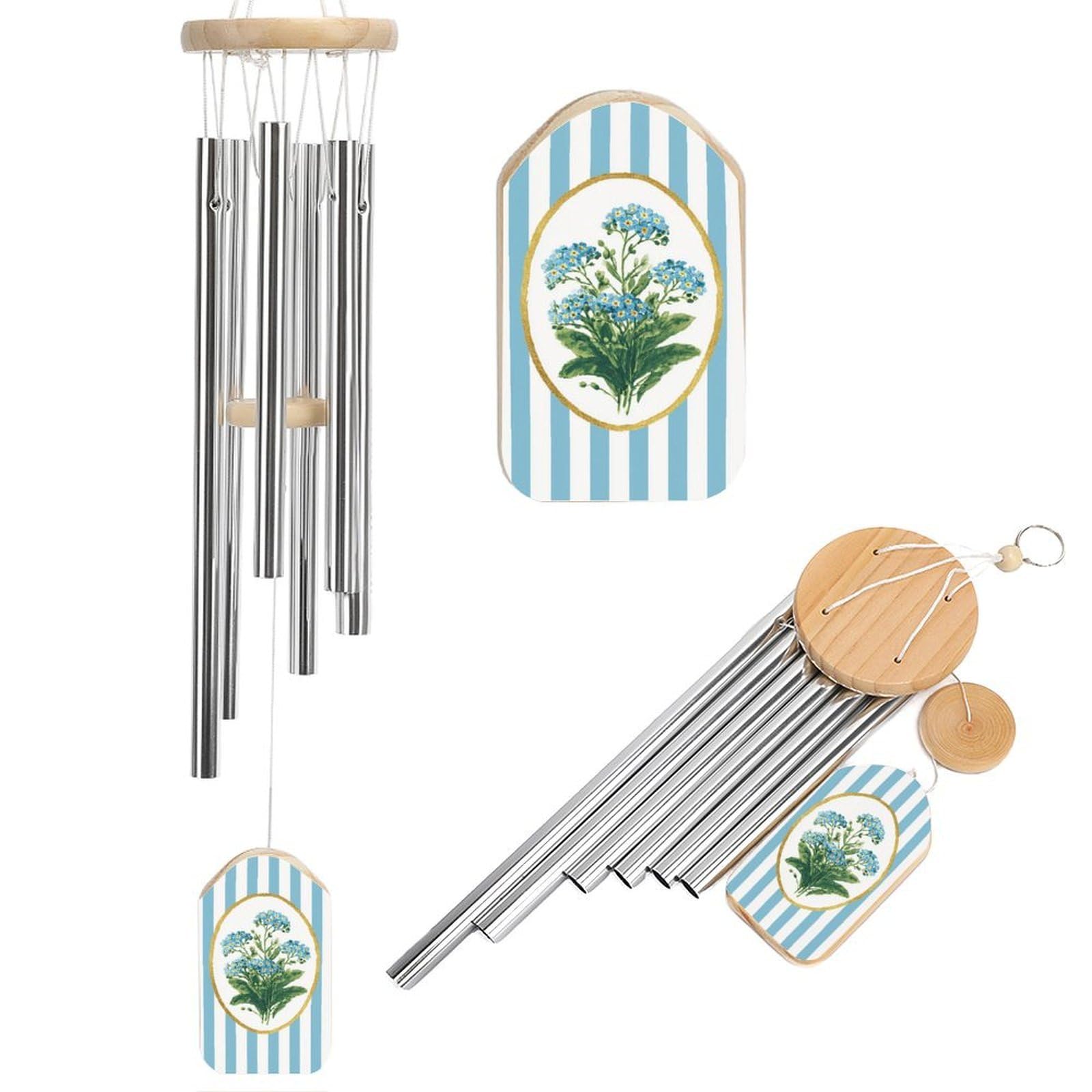 Watercolor Flowers on Pale Blue White Striped Wind Chimes Memorial Deep Tone Windchime with 6 Aluminum Tubes Outdoor Backyard Garden Decoration