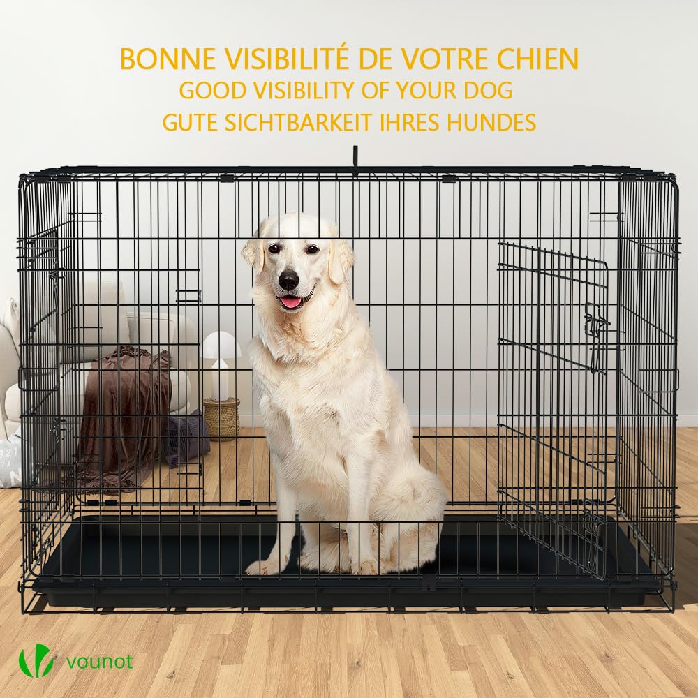 VOUNOT® Jaula para Perros de Alambre Metálico de 2 Puertas, Caja para Perros Perrera Plegable con Bandeja de Plástico Extraíble y Asa de Transporte, 122x75x81cm, Negro
