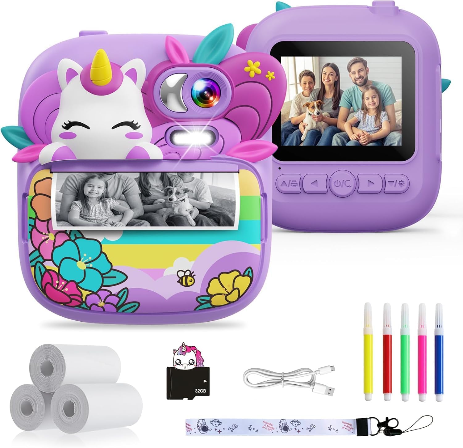 Unicorn Kids Instant Print Camera for Girls 3-14: Digital Photo Video Toy with Inkless B&W Printing (Purple)