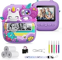 Unicorn Kids Instant Print Camera for Girls 3-14: Digital Photo Video Toy with Inkless B&W Printing (Purple)