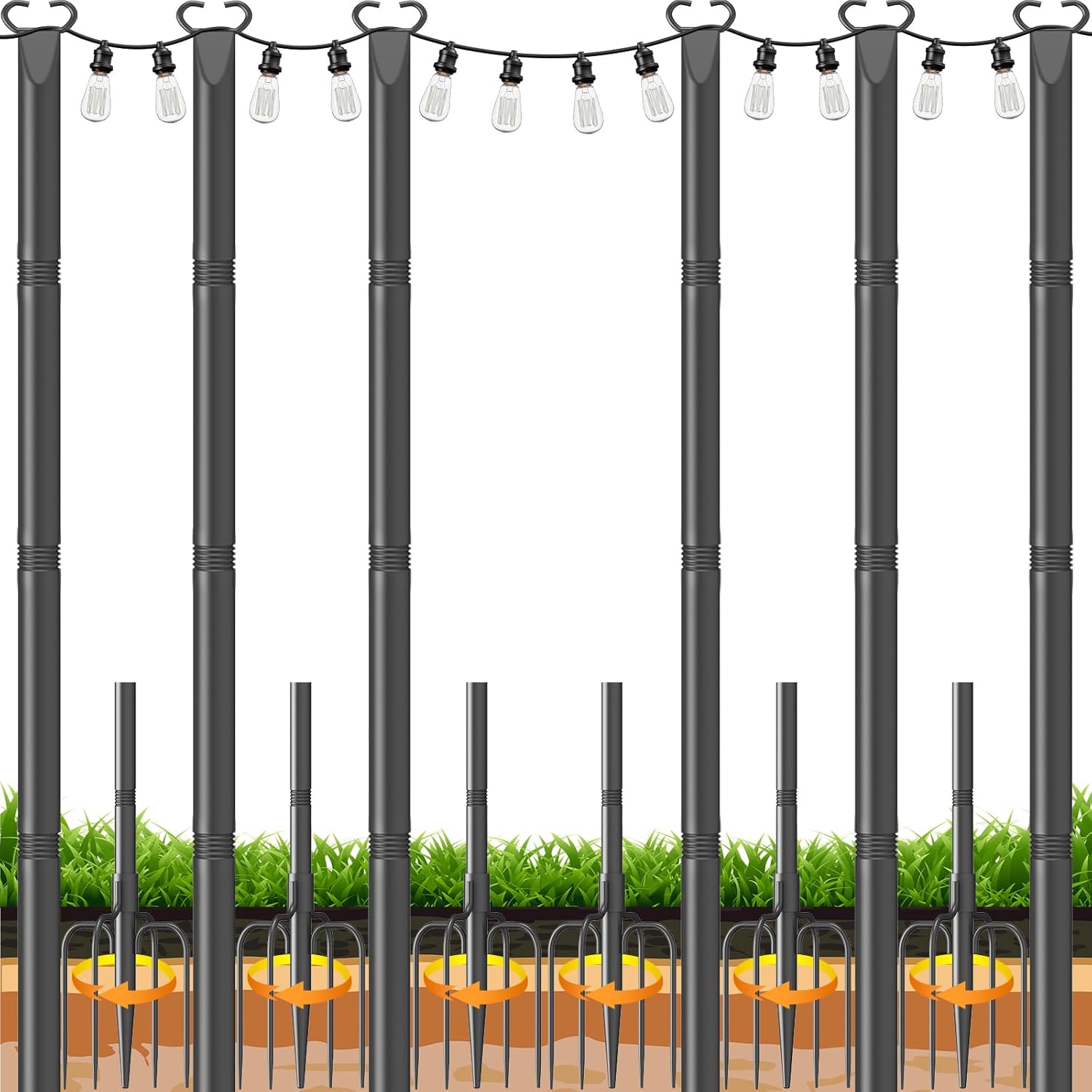 String Light Poles 6 Pack,Poles for Hanginig Outdoor String Lights with Fork and Fence Clamp 6PACK