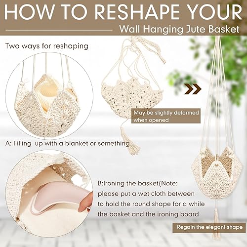 Miniatura 4 de Paquete de 2 colgadores largos de yute para macetas de 3 a 12 pulgadas, soporte para plantas de macramé, colgador de plantas bohemio con 2 ganchos