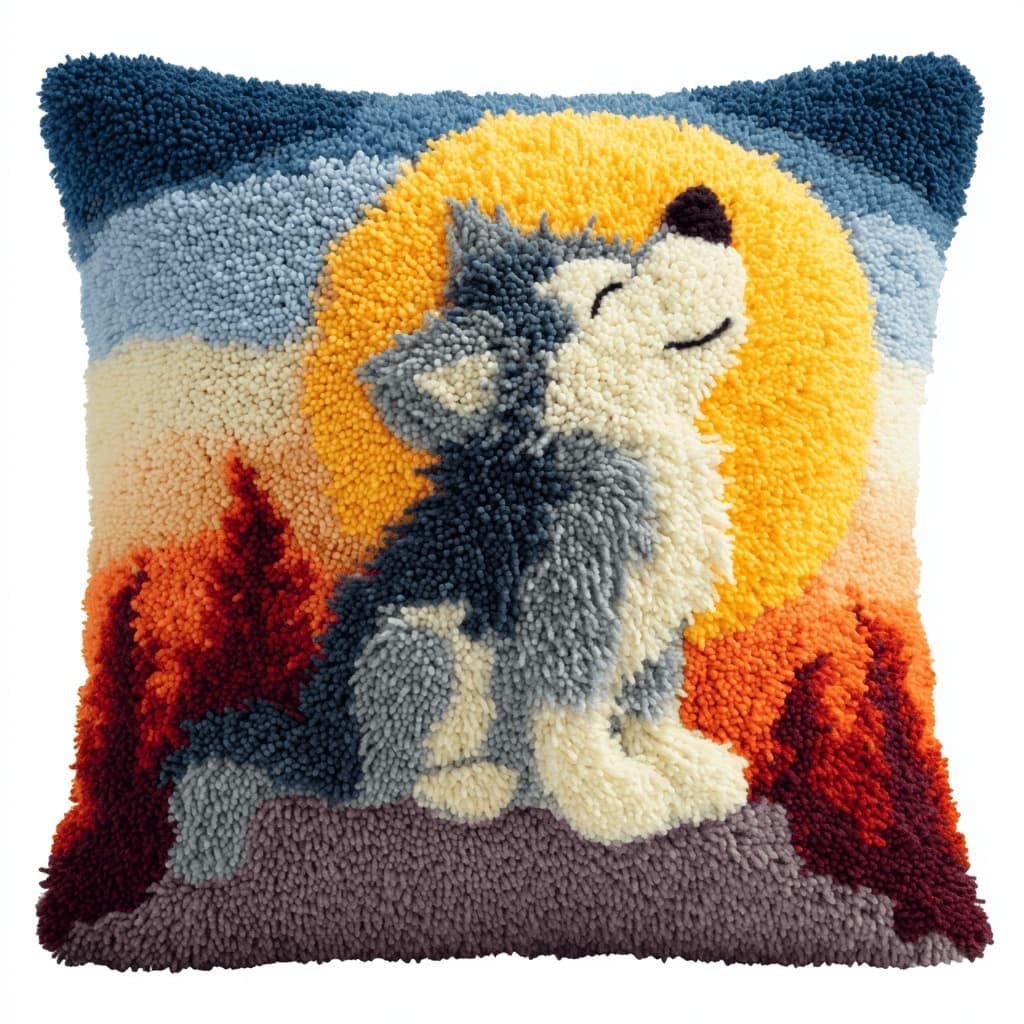 AxiangziK Latch Hook Cushion Kits,Wolf DIY Needlework Pillow Cover Cushion Rug Making Kit,17X17Inch Handmade Embroidery Kits, Decorative Throw Pillow Cover for Sofa Cushions, Bedroom Decor