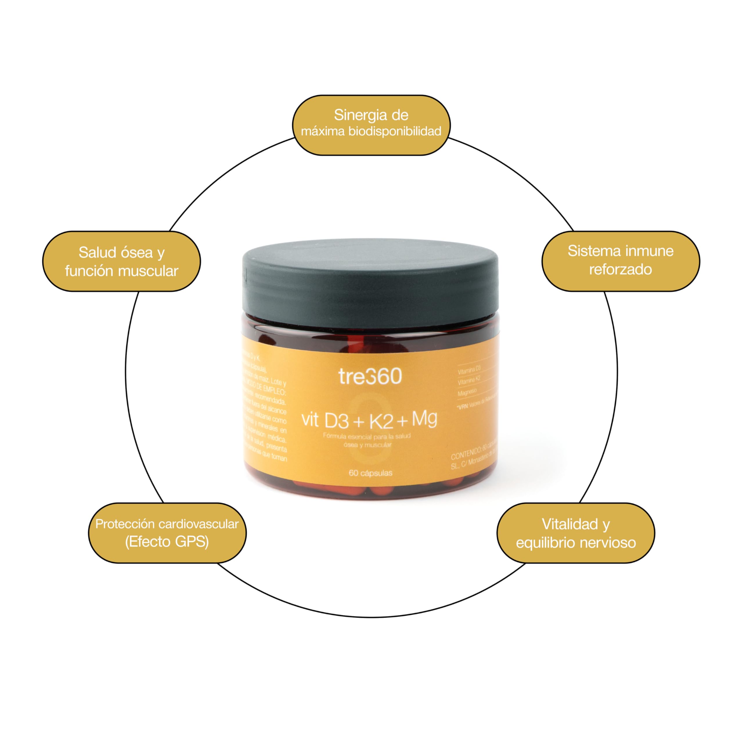 Tres60 - Vitamina D3 + K2 + Magnesio – 60 Cápsulas – Vitamina D3 2000 UI (50µg) con K2 MK7 y Magnesio Bisglicinato – Soporte para Huesos, Músculos e Inmunidad – Alta Absorción