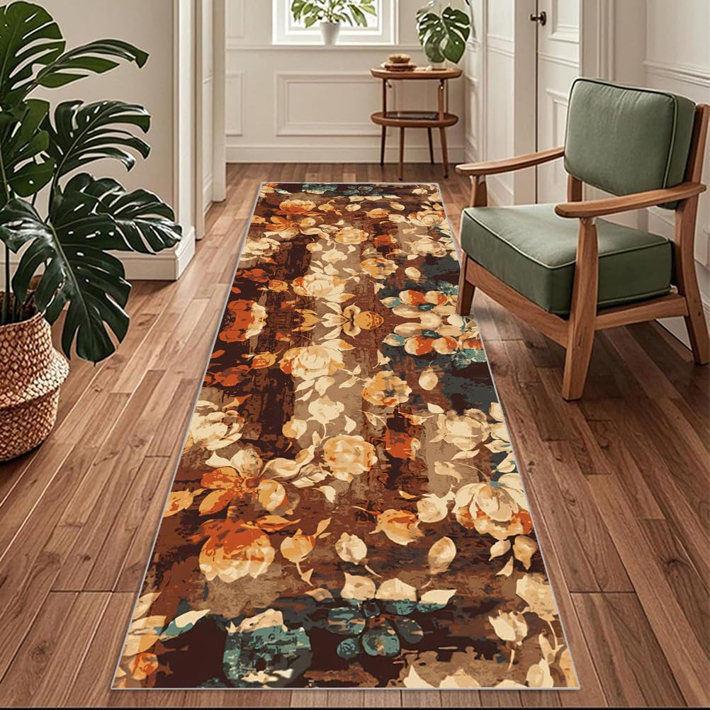 Siunwdiy Extra Long Runner Rugs for Hallway 120x240cm Modern vintage Brown Carpet Runners for Hallways Non Slip Long,Kitchen Rugs Washable,Corridors Runner Rug for Living Room,Entrance,Home Decor