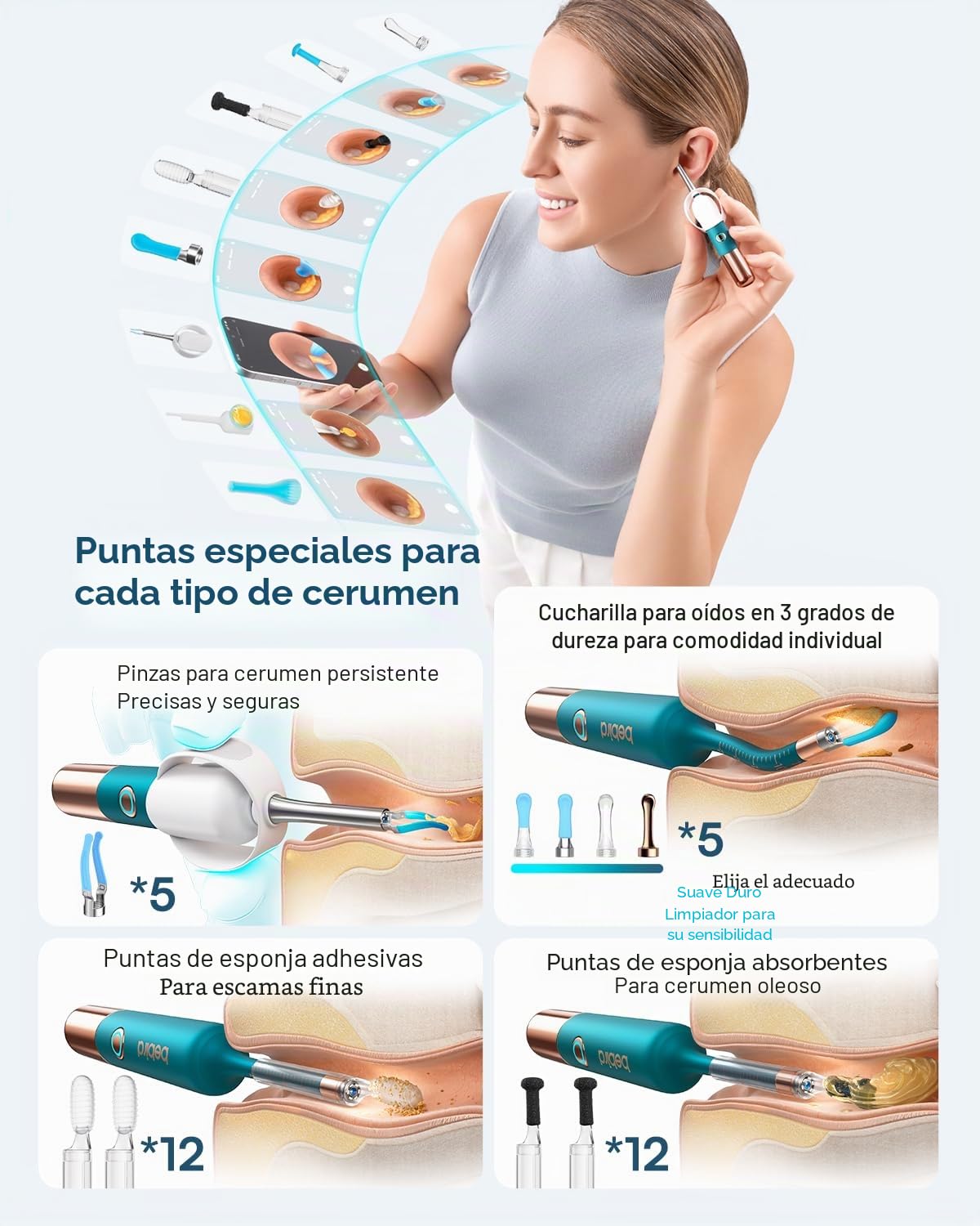 Bebird Pro Earsight Ultra Eliminador de cerumen con WiFi 5G y otoscopio 1080P HD, limpiador flexible con cámara y 30 puntas de repuesto, gotero de eliminación de cerumen para adultos, niños, iOS, Andr