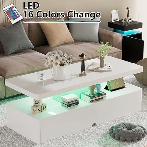 Miniatura 4 de oneinmil Modern Stylish Coffee Table with 16 Colors LED Lights, Double-Layer Design for Living Room, White