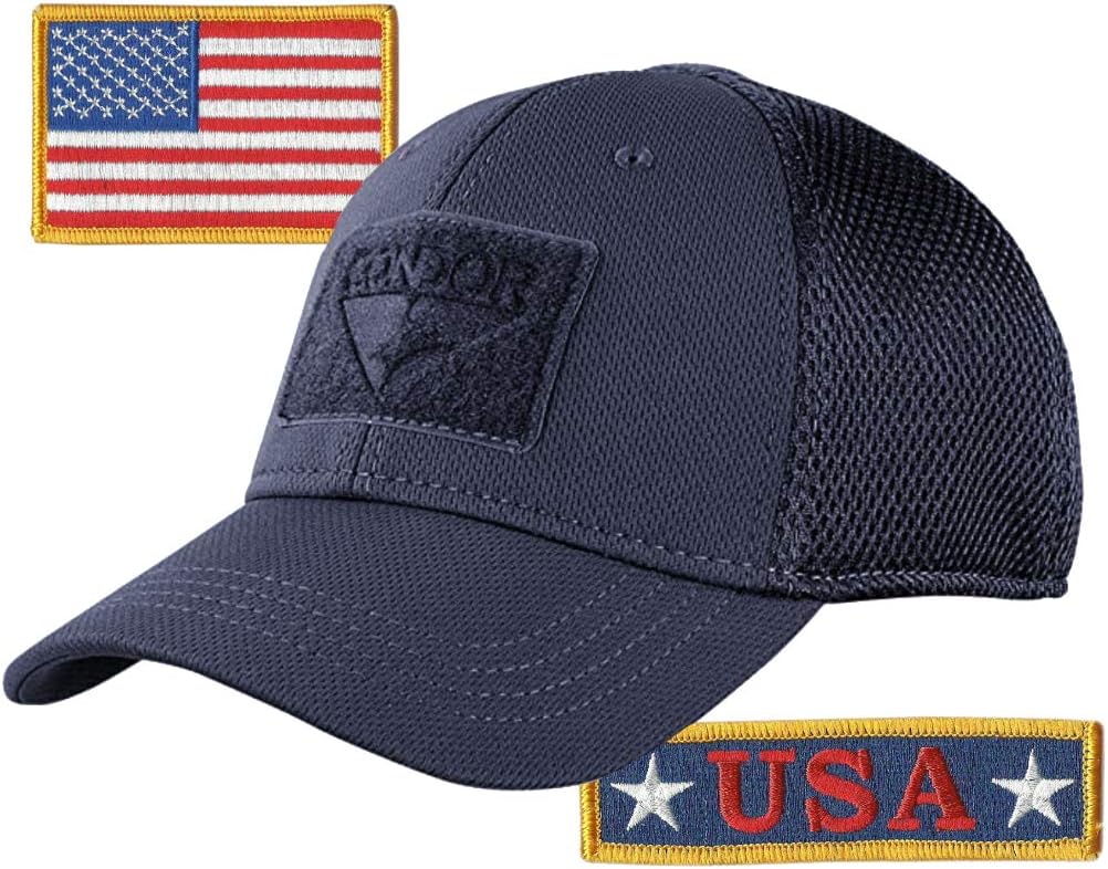 Condor MESH Fitted Tactical Cap Bundle - U.S.A. & USA Flag Patch - Choose Size